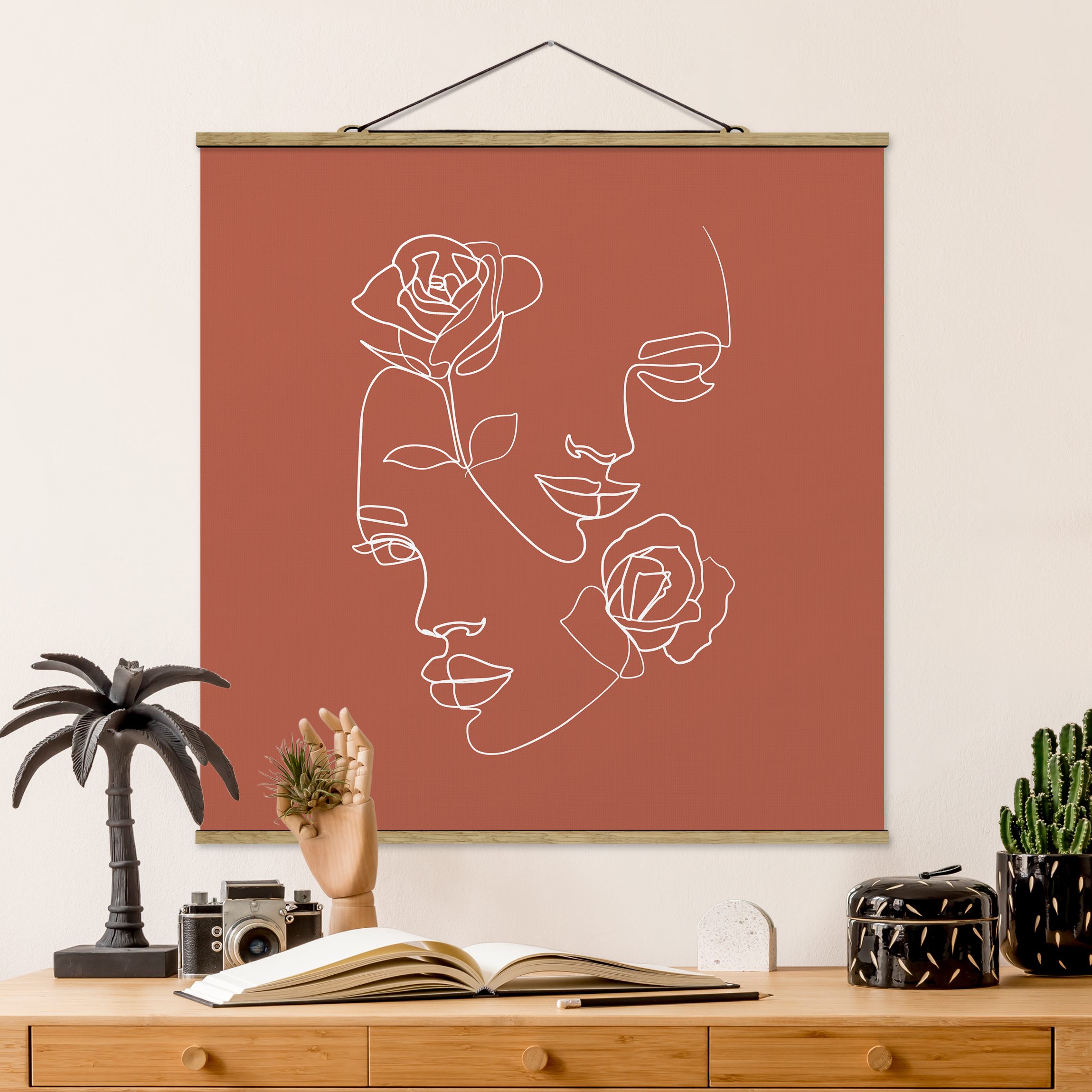 Stoffbild - Quadrat Line Art Gesichter Frauen Rosen Kupfer