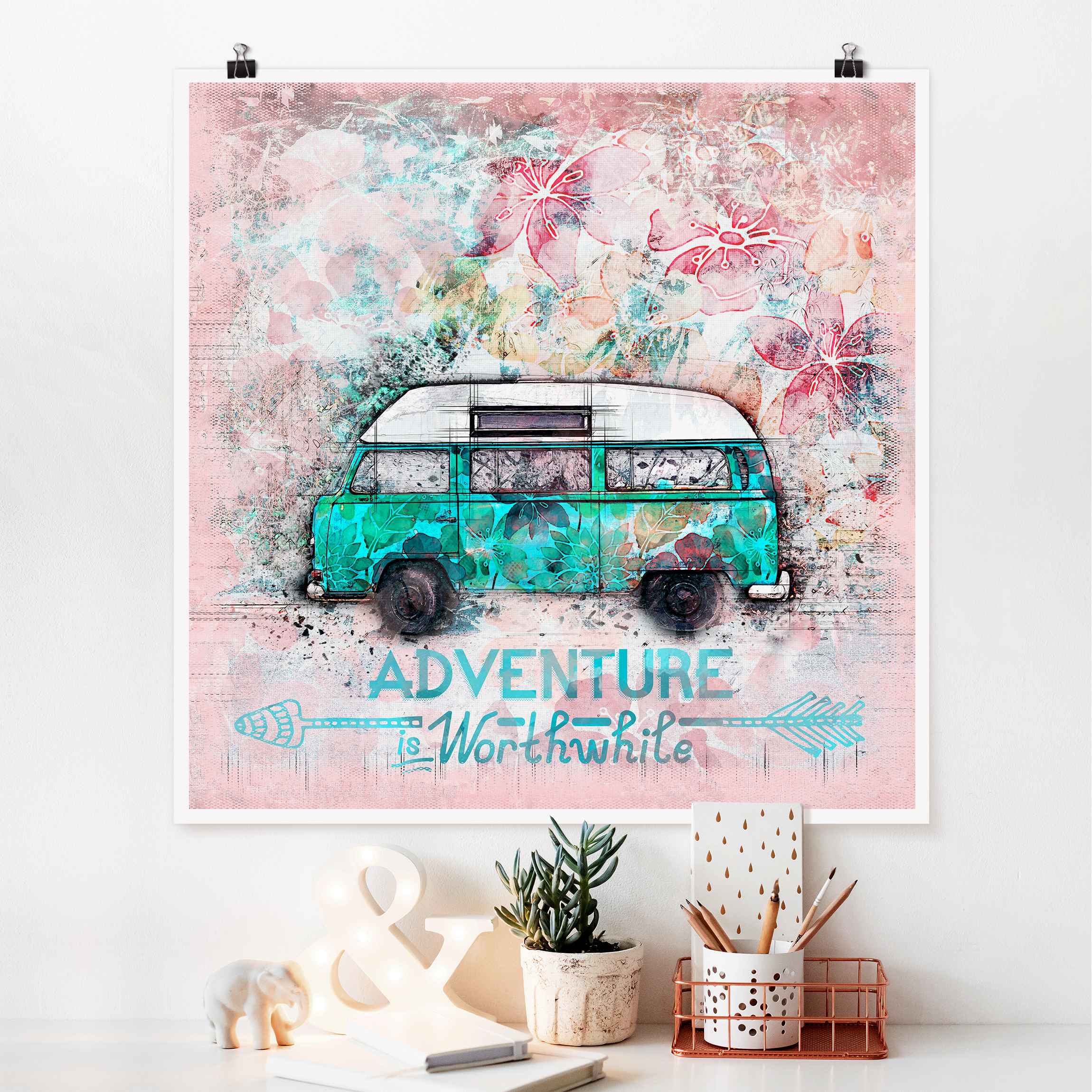 Poster Bulli Adventure Collage Pastell