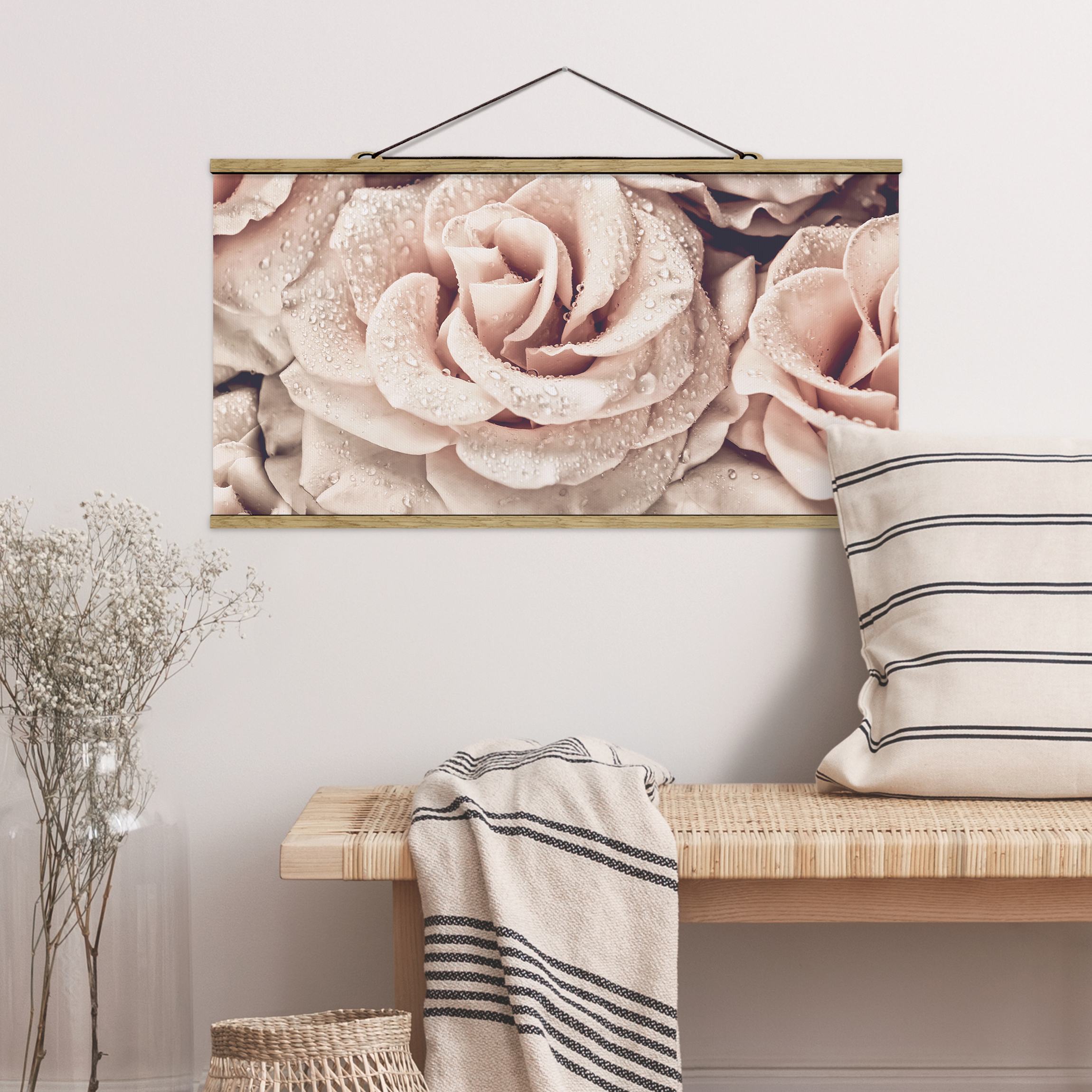 Stoffbild - Querformat Rosen Sepia mit Wassertropfen