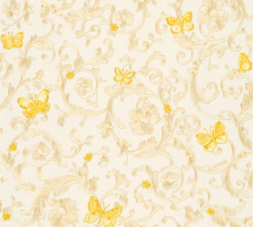 Metallic-Tapete Versace wallpaper Versace 3 Butterfly Barocco in Creme Gelb Metallic - 343251