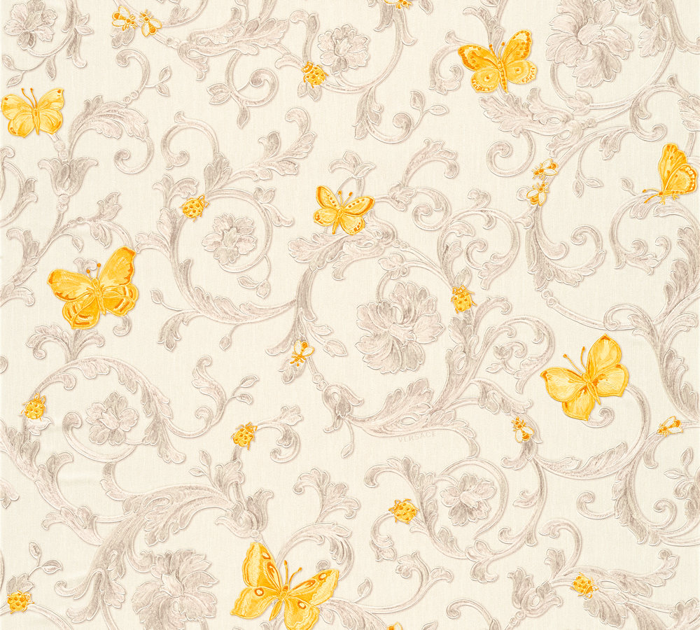 Metallic-Tapete Versace wallpaper Versace 3 Butterfly Barocco in Creme Gelb Metallic - 343253