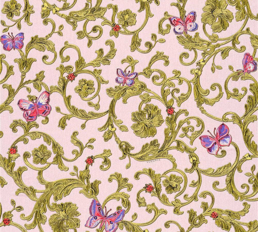 Metallic Mustertapete Versace wallpaper Versace 3 Butterfly Barocco in Grün Metallic Rosa - 343254