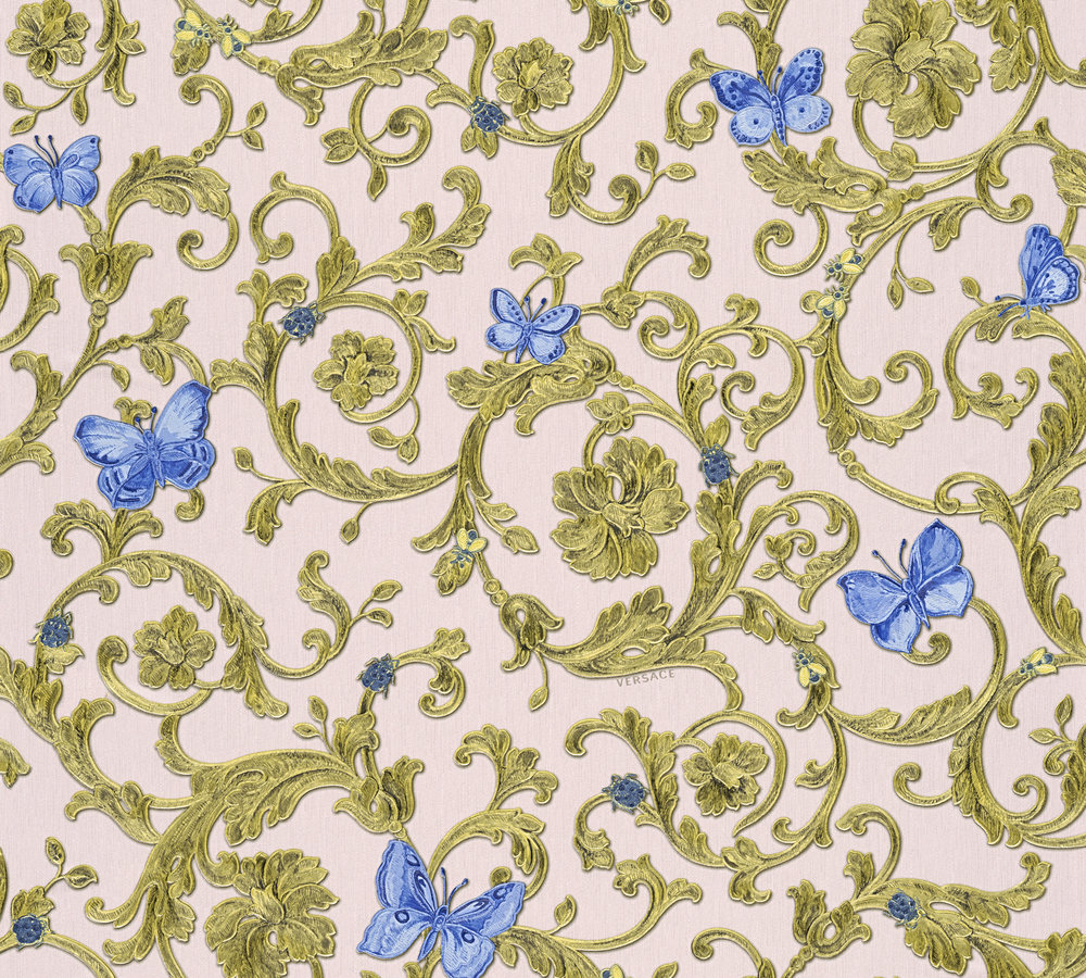 Metallic-Tapete Versace wallpaper Versace 3 Butterfly Barocco in Blau Metallic Rosa - 343256