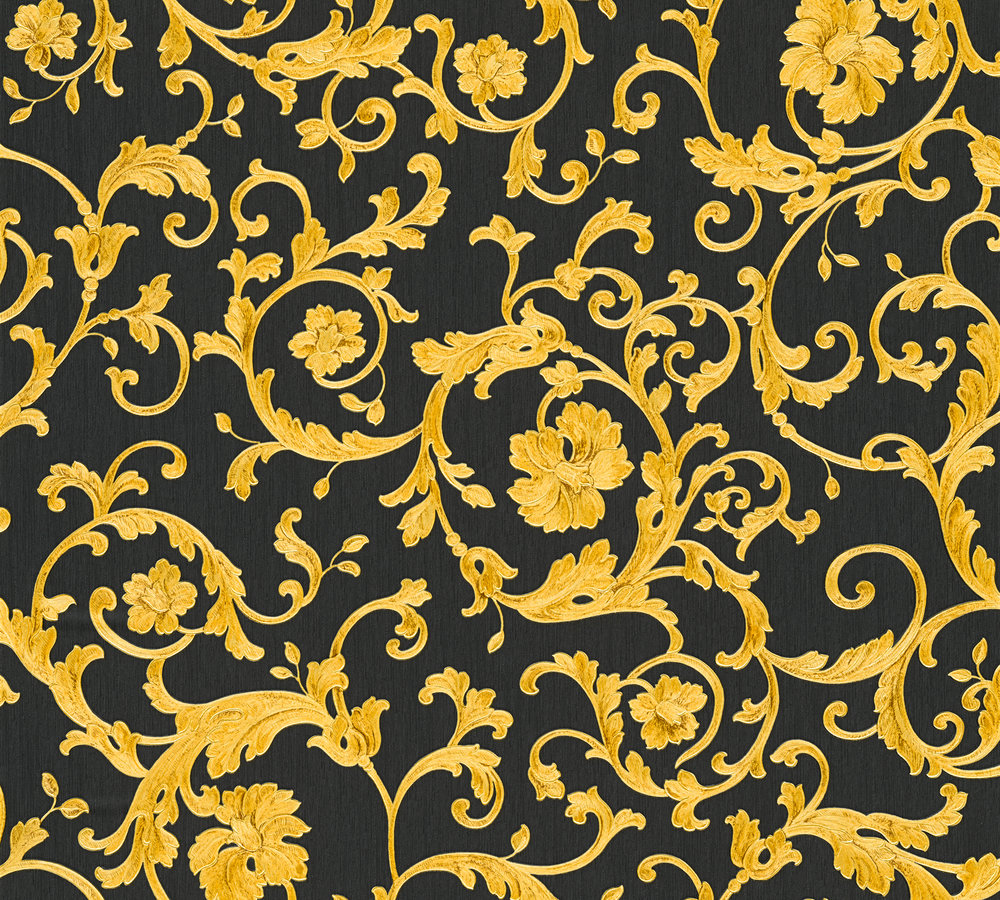 Metallic Mustertapete Versace wallpaper Versace 3 Butterfly Barocco in Gelb Metallic Schwarz - 343262