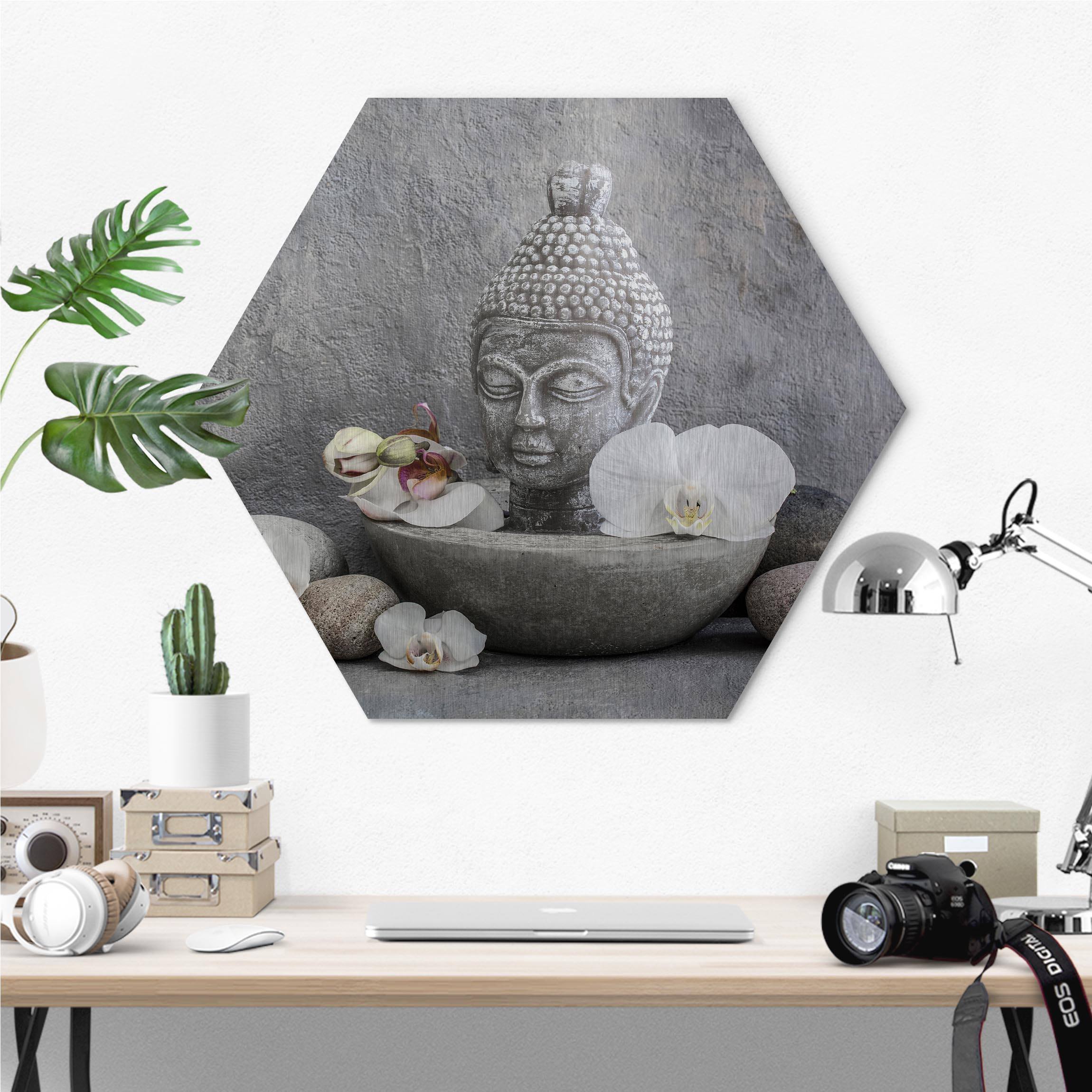 Hexagon-Alu-Dibond Bild Zen Buddha, Orchideen und Steine