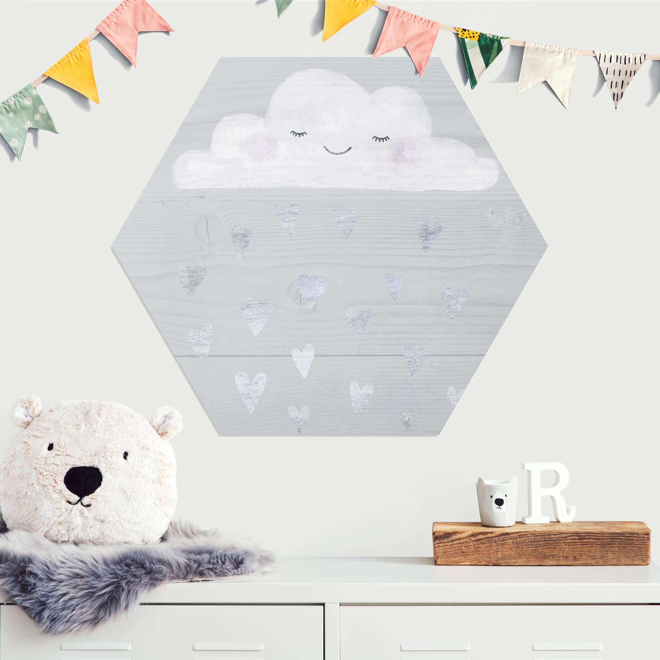 Hexagon-Alu-Dibond Bild Wolke mit silbernen Herzen