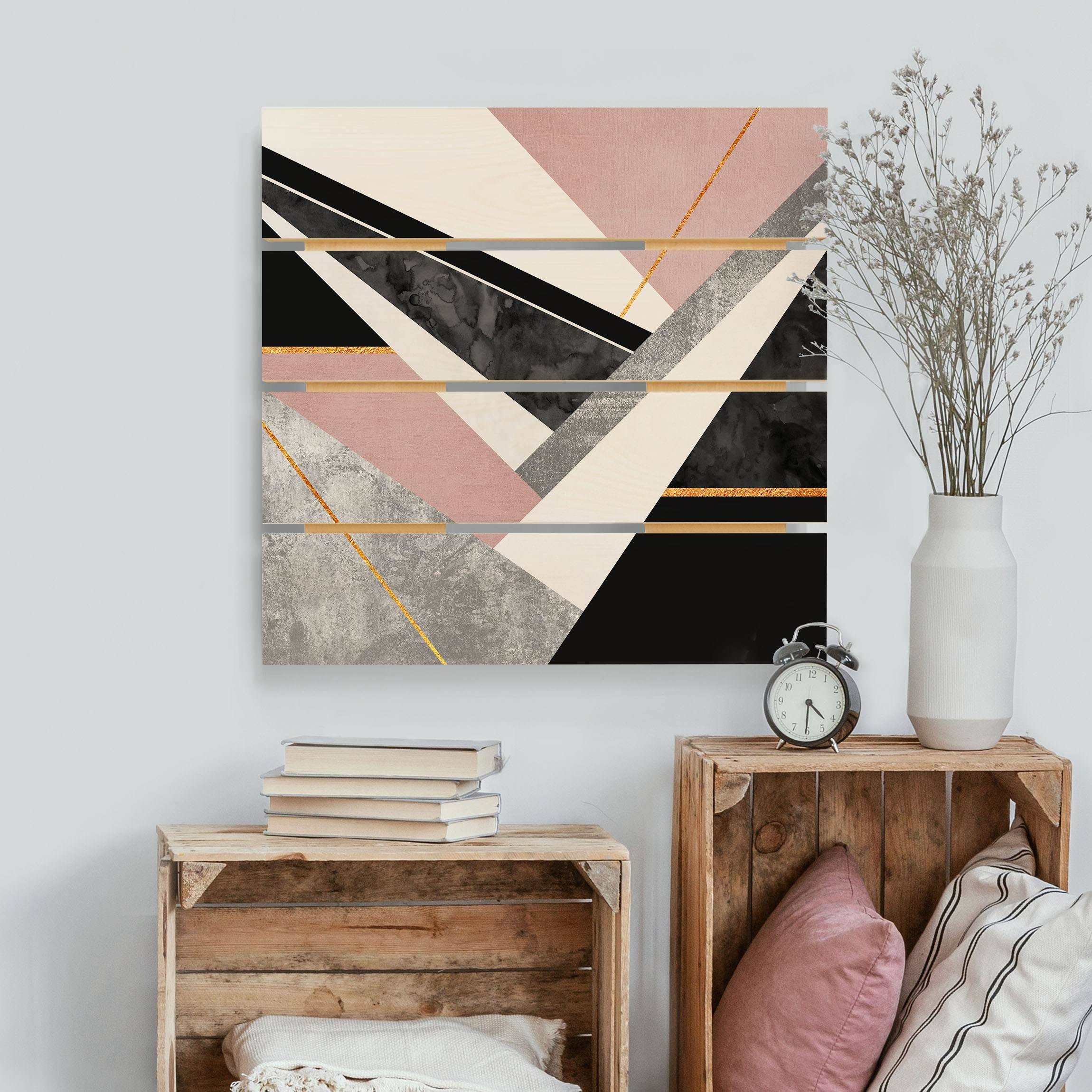 Holzbild Plankenoptik - Quadrat Schwarz Weiß Geometrie mit Gold