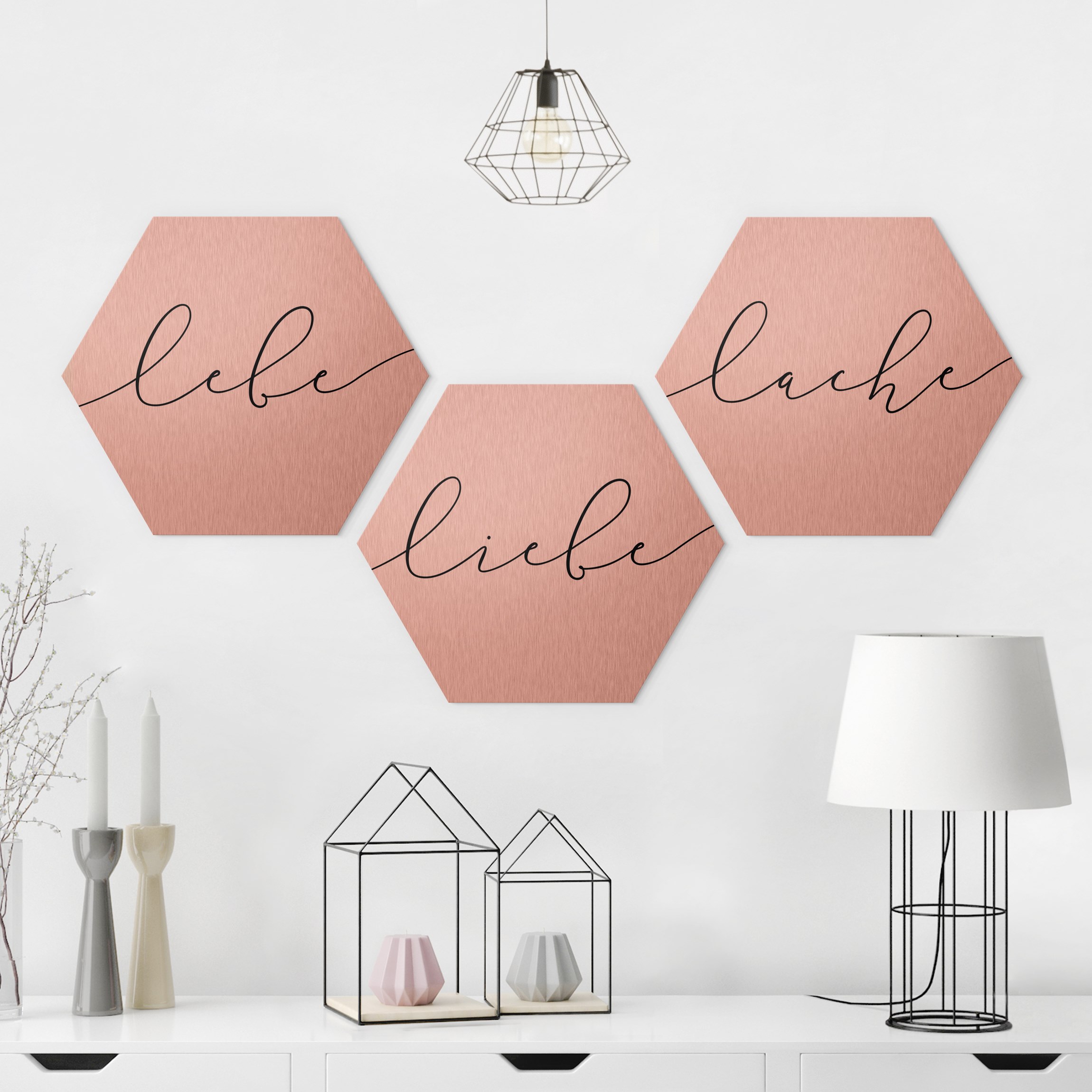 3-teiliges Hexagon-Alu-Dibond Bild Lebe Liebe Lache Kalligraphie