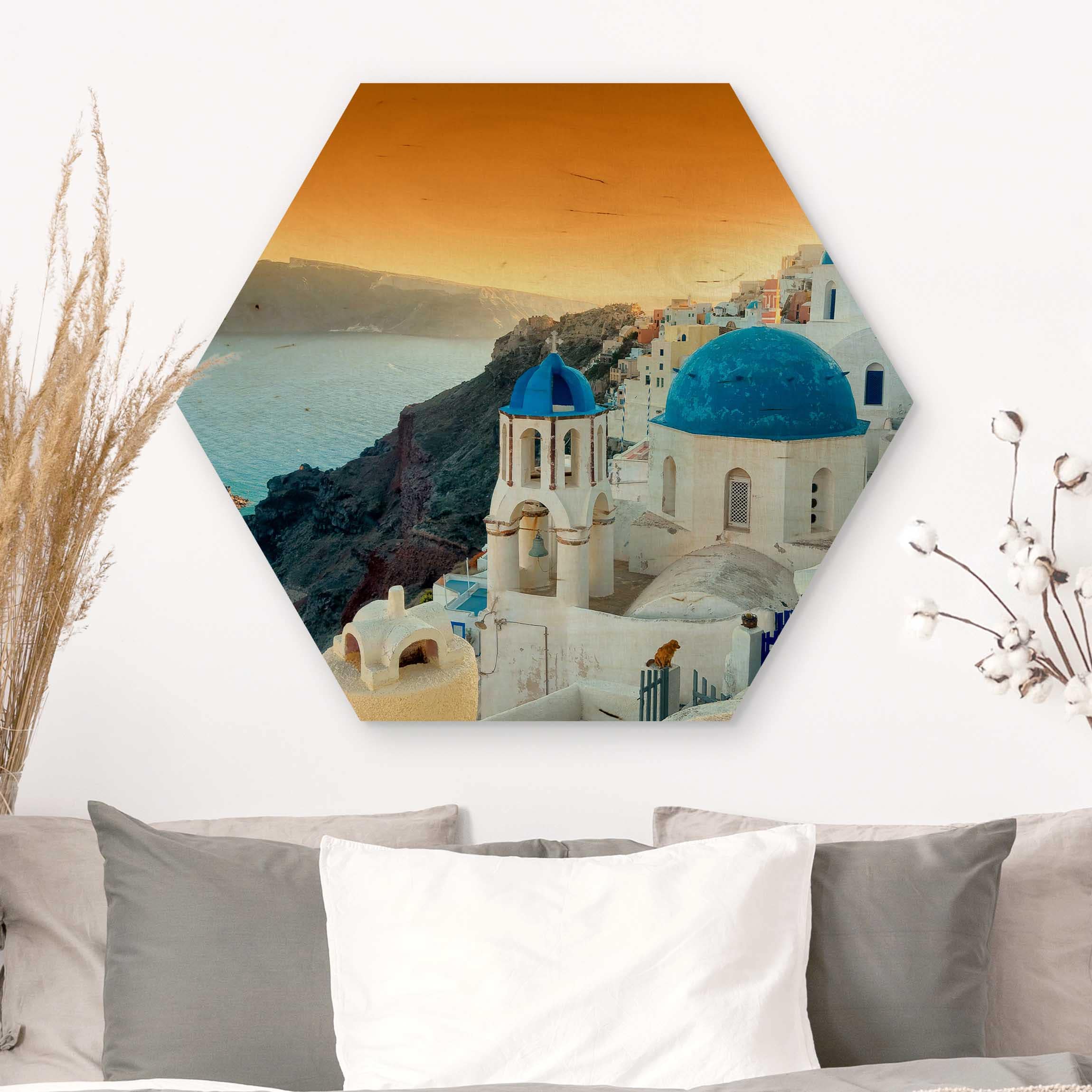 Hexagon-Holzbild Sonnenuntergang über Santorin