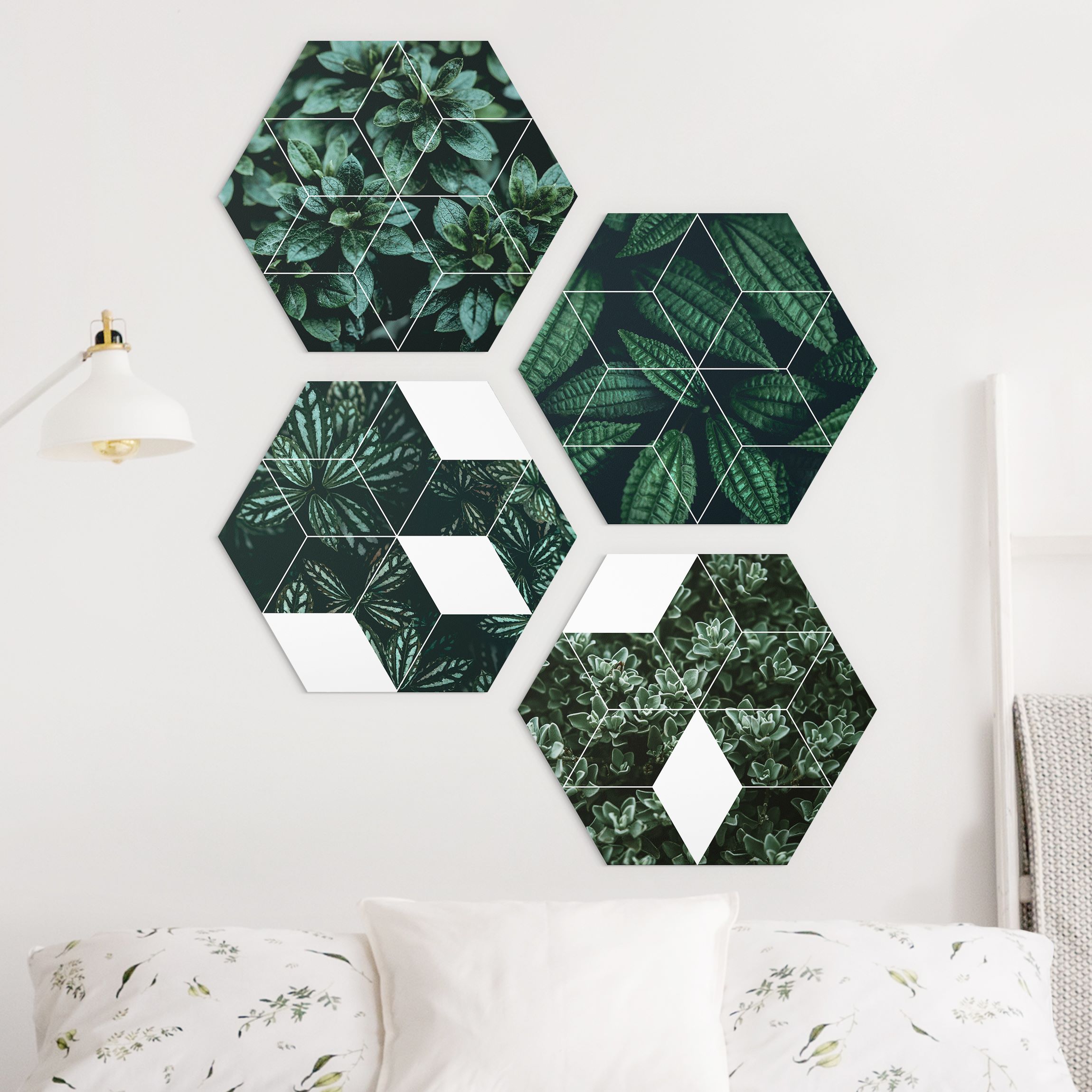 4-teiliges Hexagon-Alu-Dibond Bild Grüne Blätter Geometrie Set I