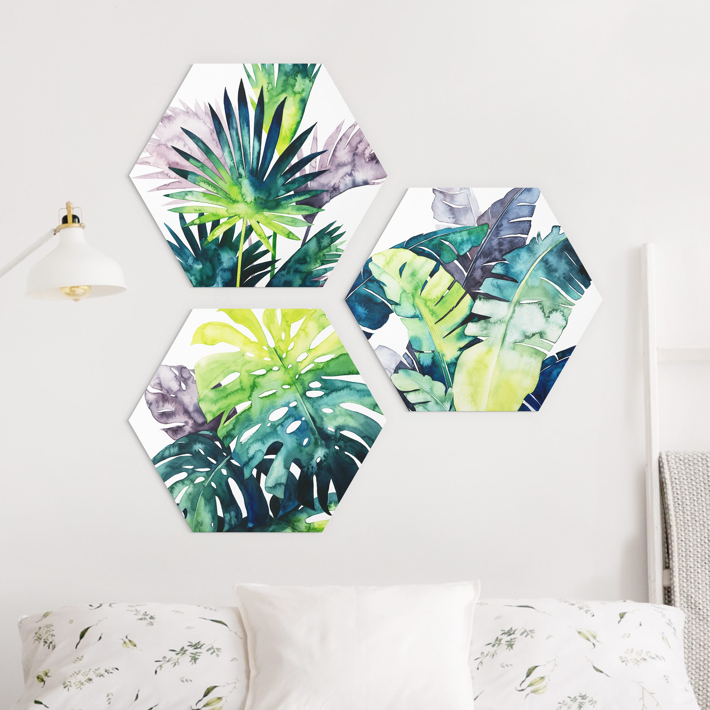 3-teiliges Hexagon-Alu-Dibond Bild Exotisches Blattwerk Set II