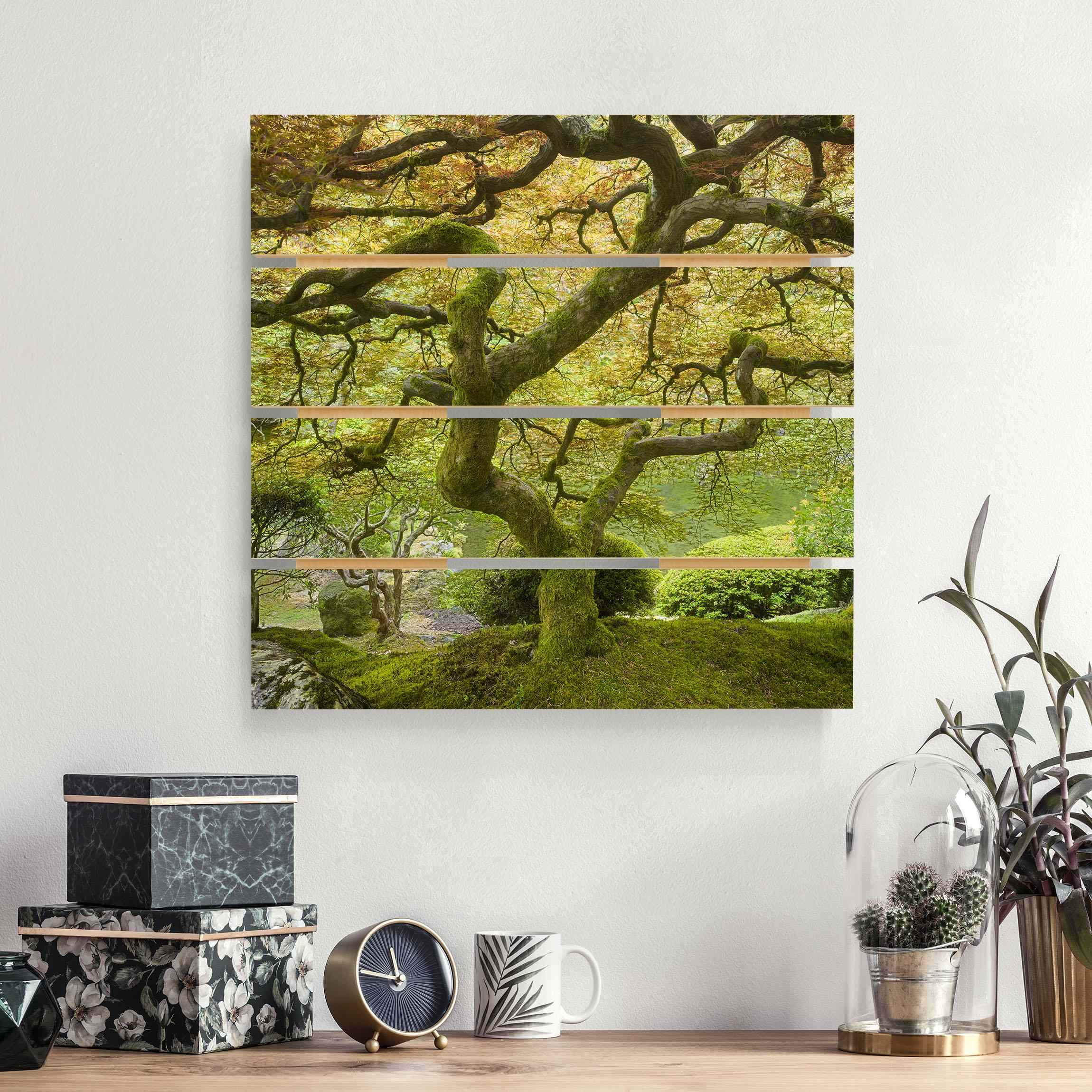 Holzbild Plankenoptik - Quadrat Grüner Japanischer Garten