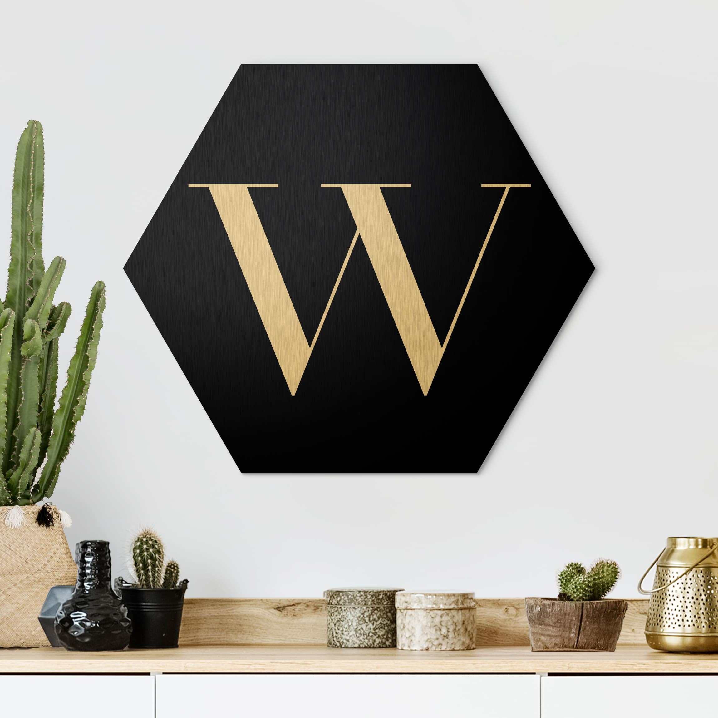 Hexagon-Alu-Dibond Bild Buchstabe Serif Schwarz W