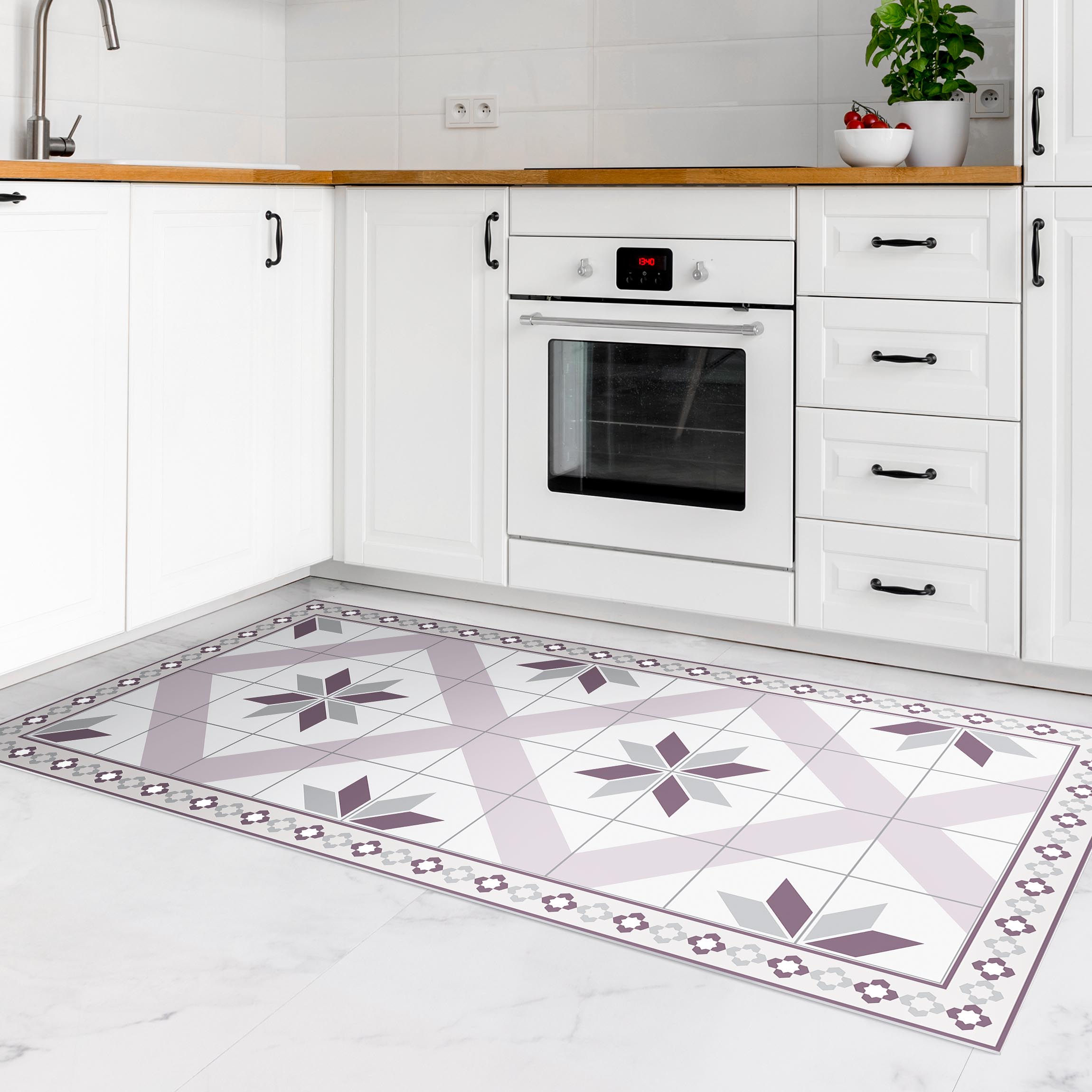 Vinylteppich Geometrische Fliesen Rautenblüte Flieder mit schmaler Bordüre