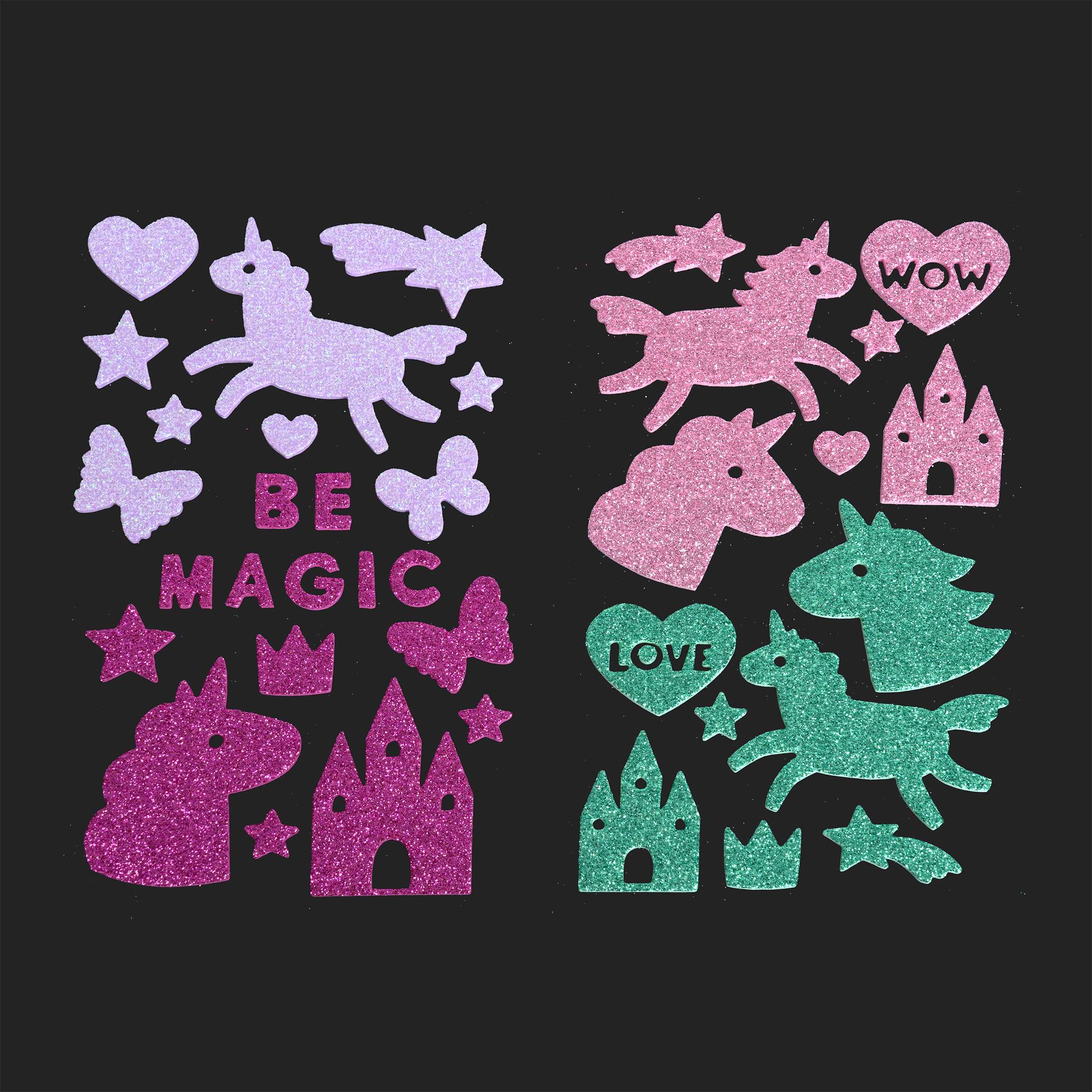 Zubehör 37 x Moosgummi Glitzer Sticker - Einhorn Aufkleber