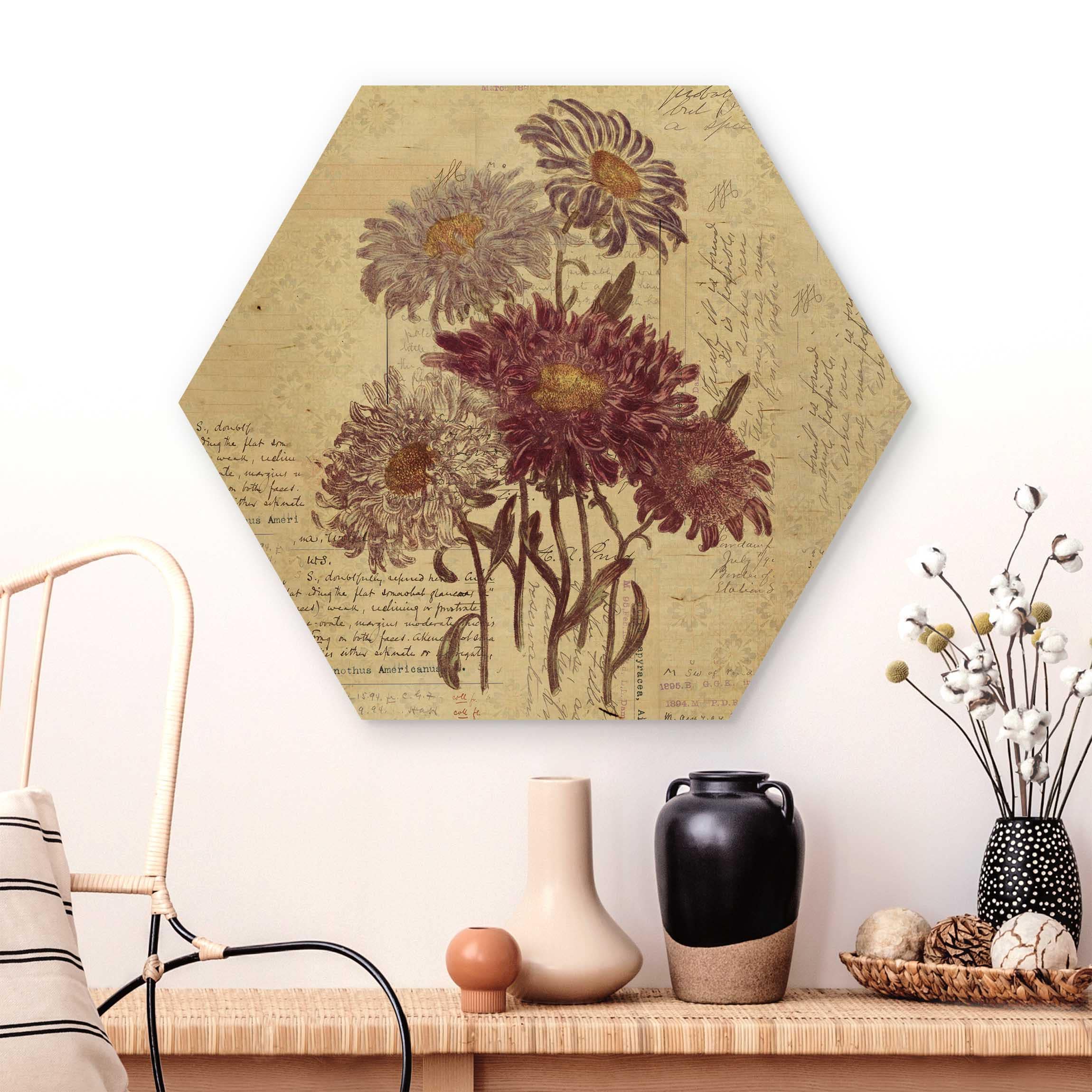 Hexagon-Holzbild Vintage Blumen mit Handschrift
