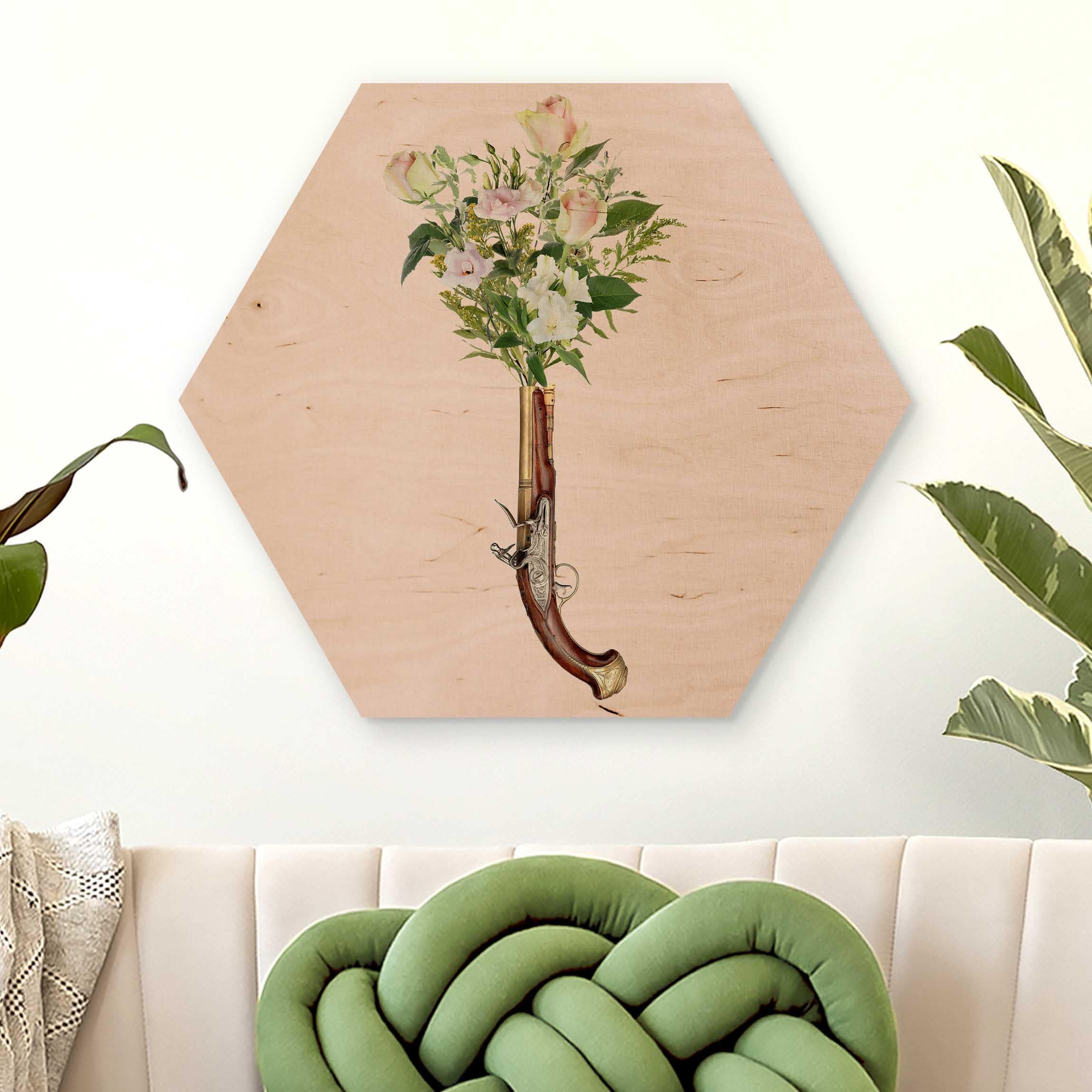 Hexagon-Holzbild Pistole mit Blumen