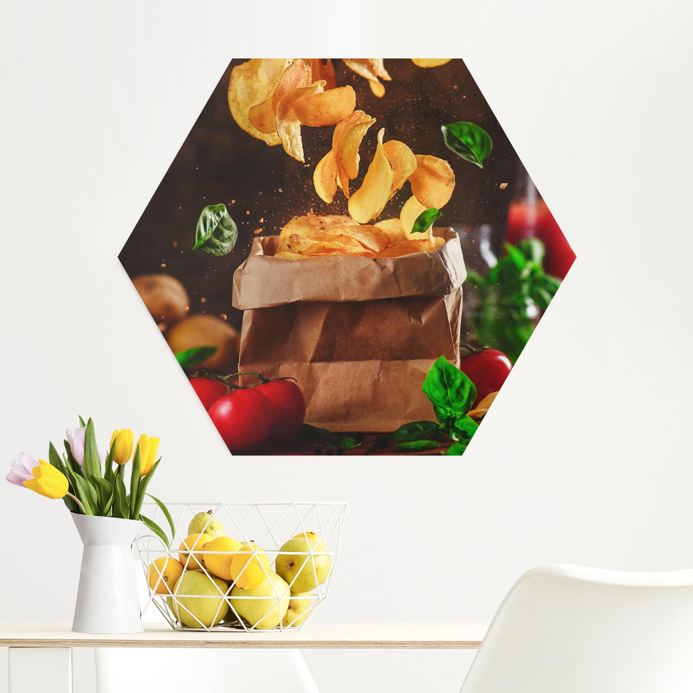 Hexagon-Alu-Dibond Bild Tomate-Basilikum-Snack