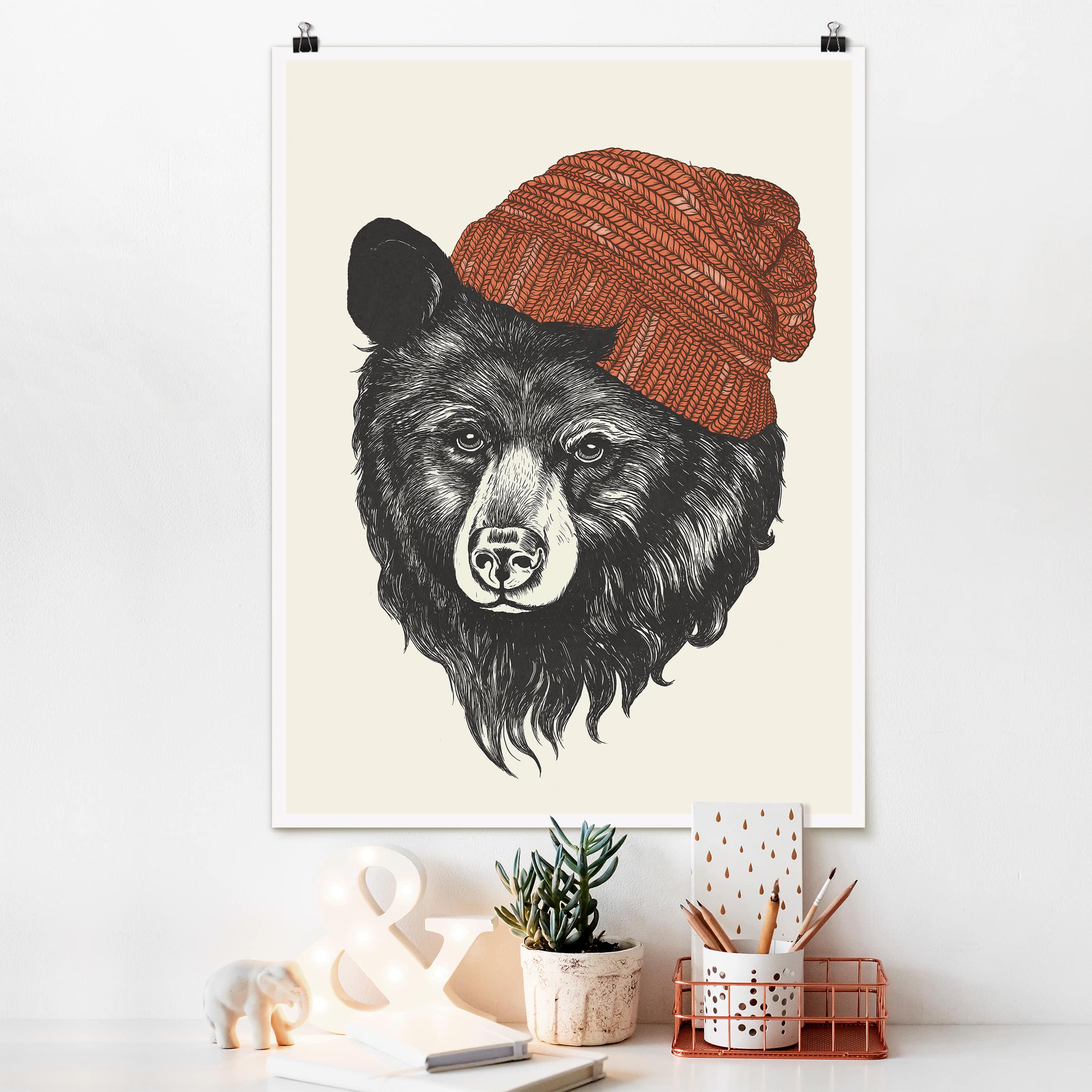 Poster - Hochformat Illustration Bär mit roter Mütze Zeichnung