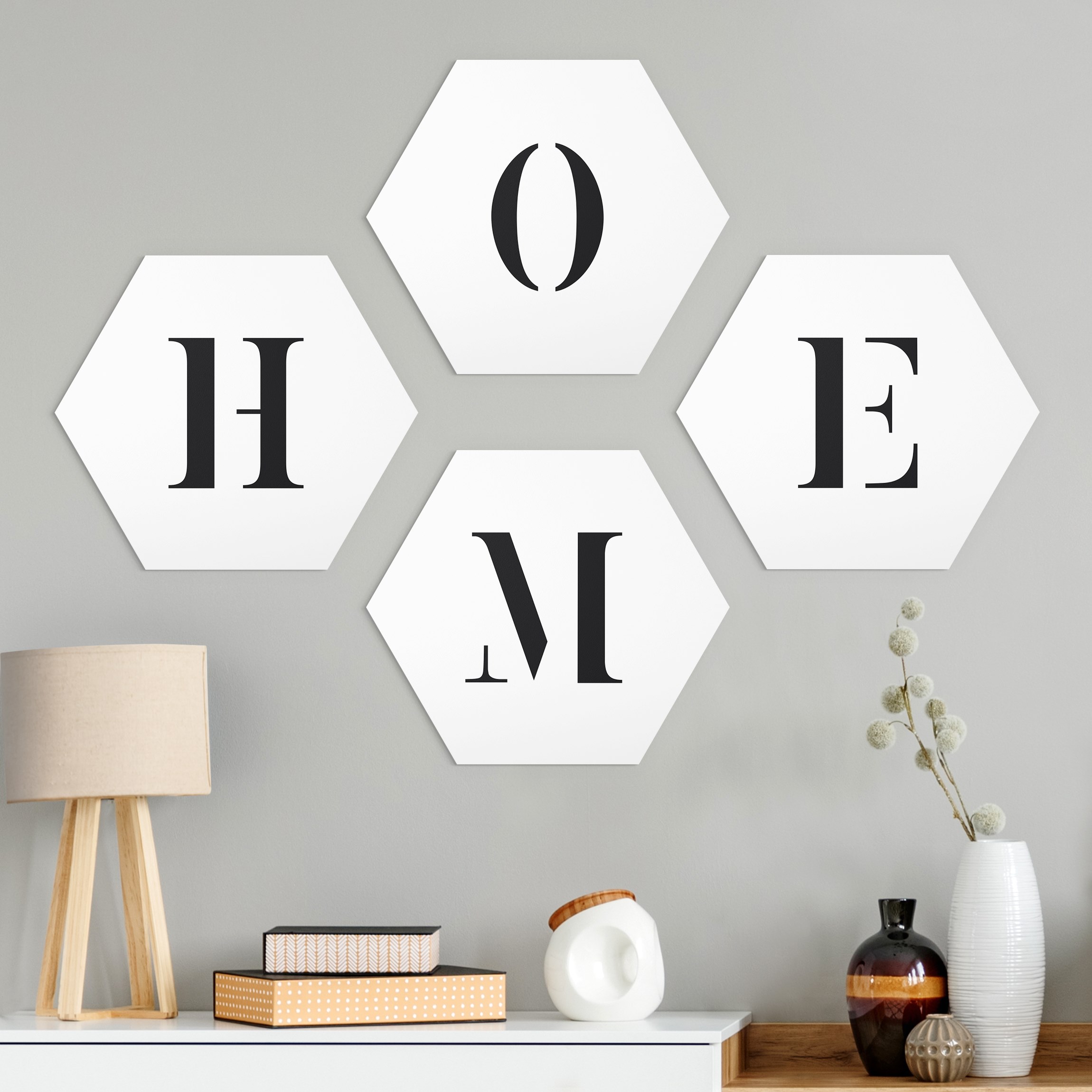 4-teiliges Hexagon-Alu-Dibond Bild Buchstaben HOME Schwarz Set II