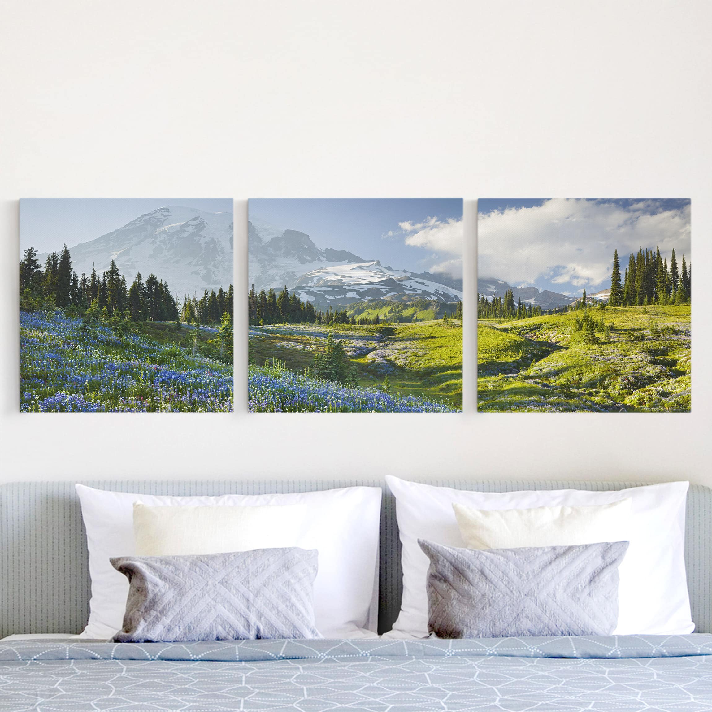 3-teiliges Leinwandbild Berg Bergwiese mit blauen Blumen vor Mt. Rainier