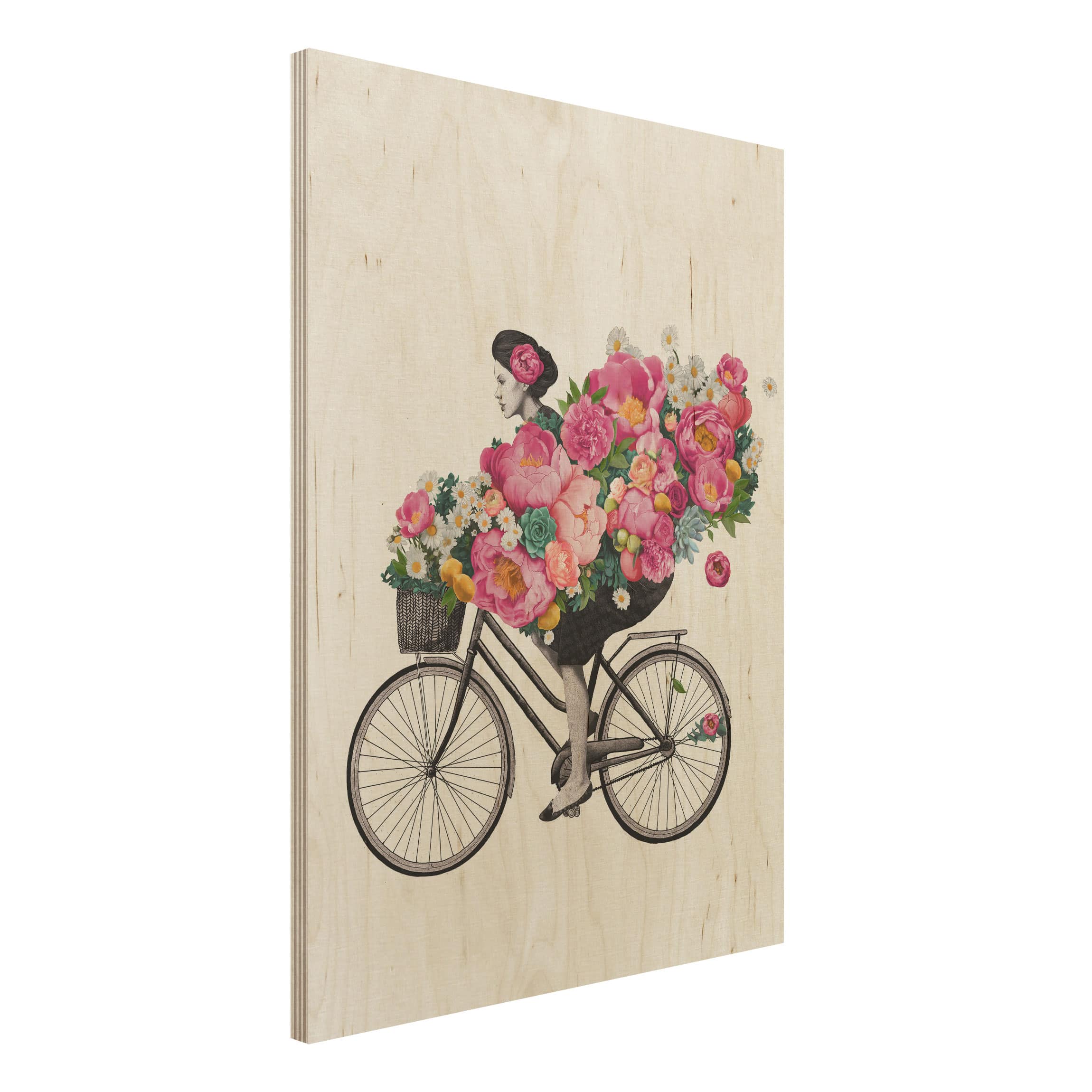 Holzbild - Hochformat 3:4 Illustration Frau auf Fahrrad Collage bunte Blumen