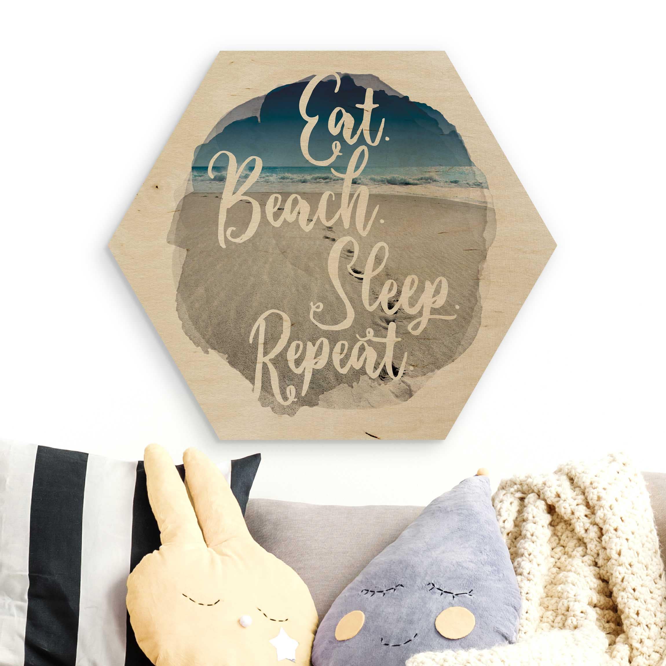 Hexagon-Holzbild Wasserfarben - Eat.Beach.Sleep.Repeat.