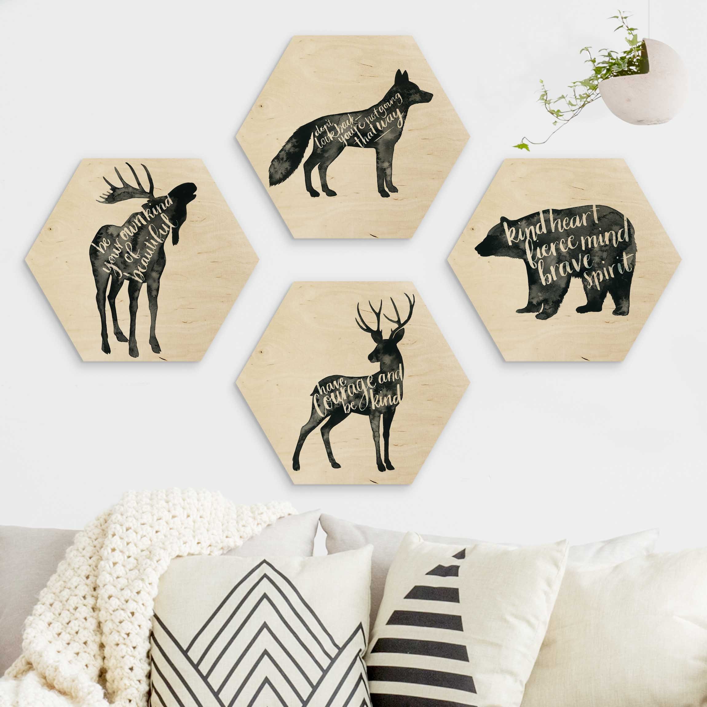 4-teiliges Hexagon-Holzbild Tiere mit Weisheit Set I