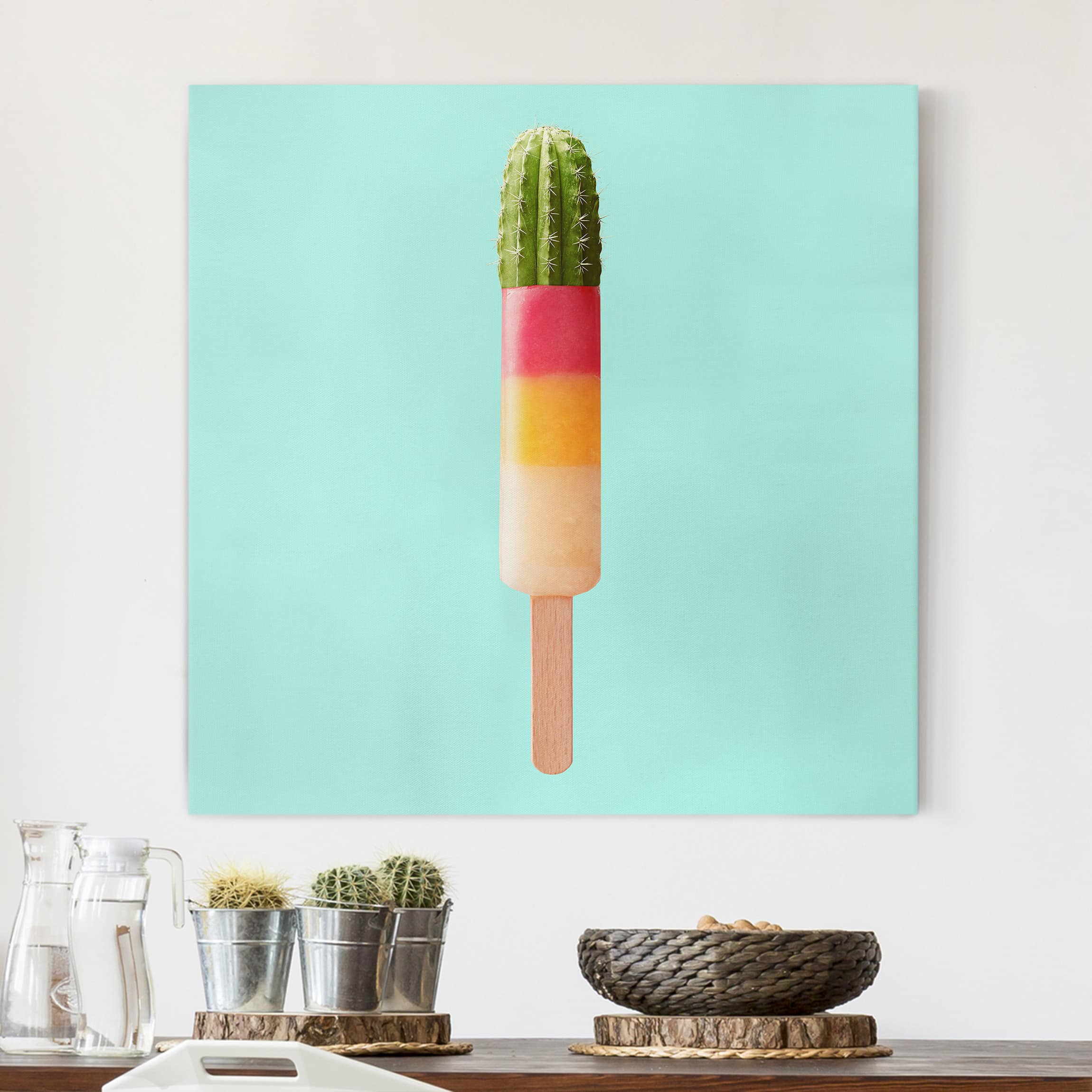 Leinwandbild - Quadrat Eis mit Kaktus
