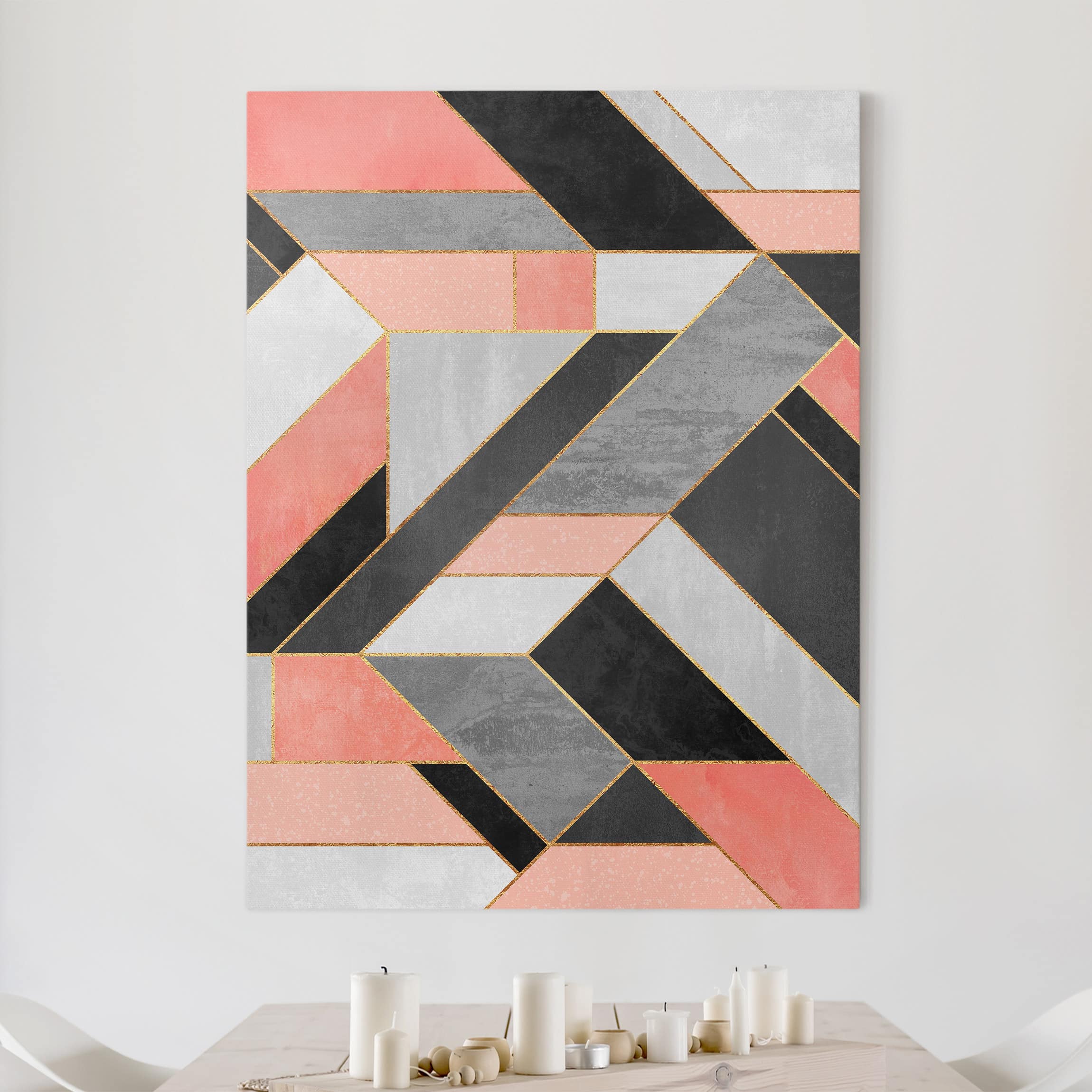 Leinwandbild - Hochformat Geometrie Rosa und Gold