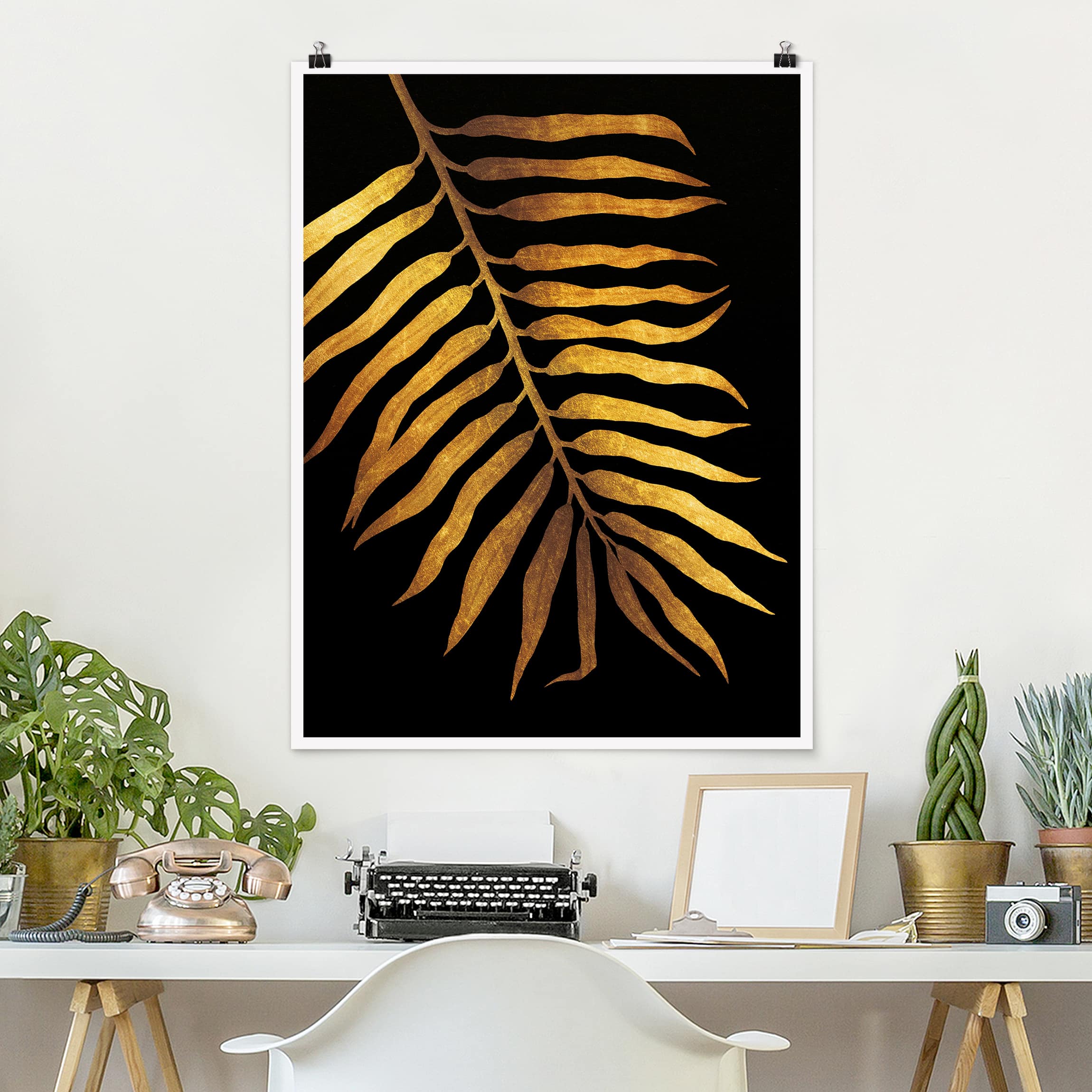 Poster Gold - Palmenblatt II auf Schwarz