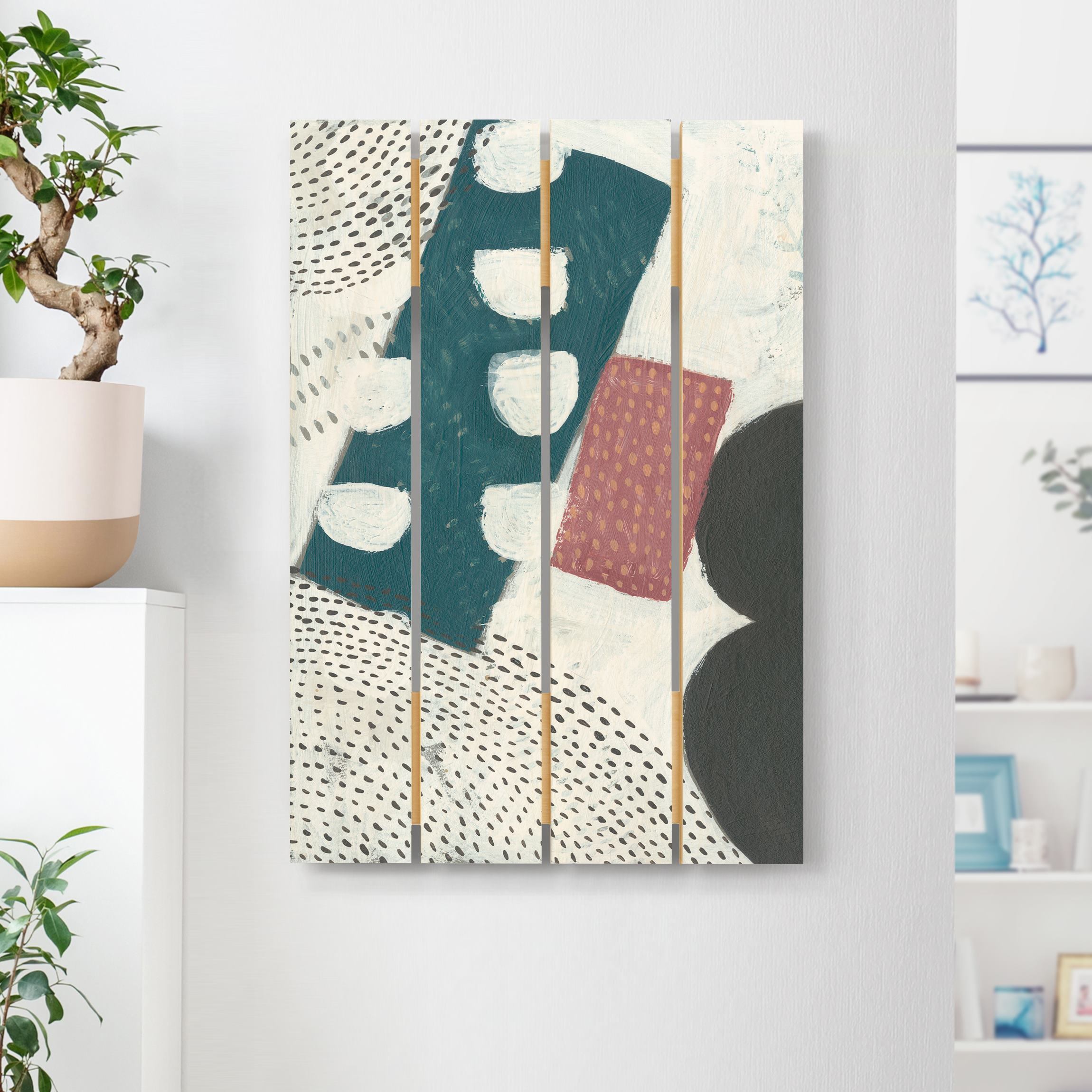 Holzbild Plankenoptik - Hochformat Karneval der Formen in Petrol I