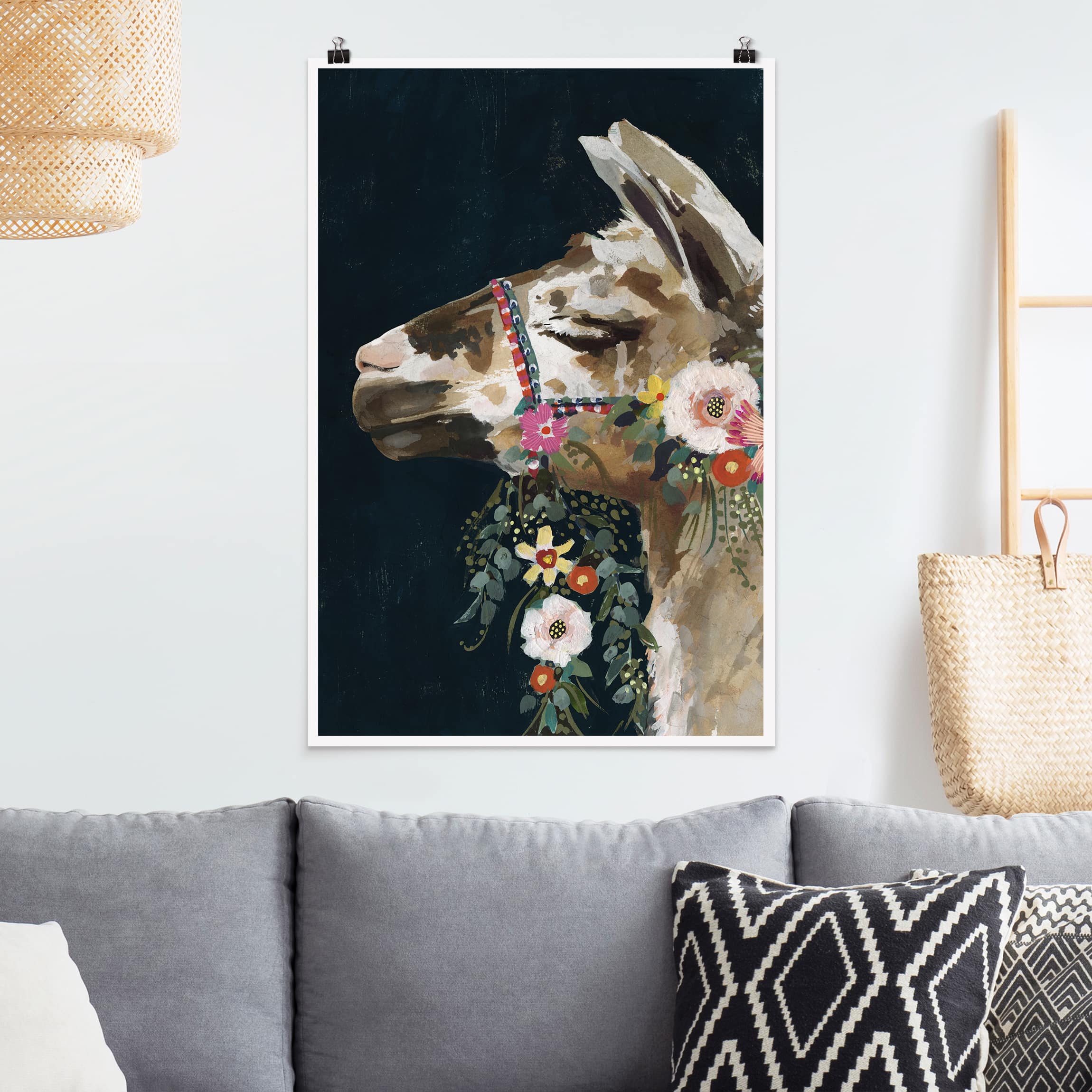 Poster - Hochformat Lama mit Blumenschmuck II
