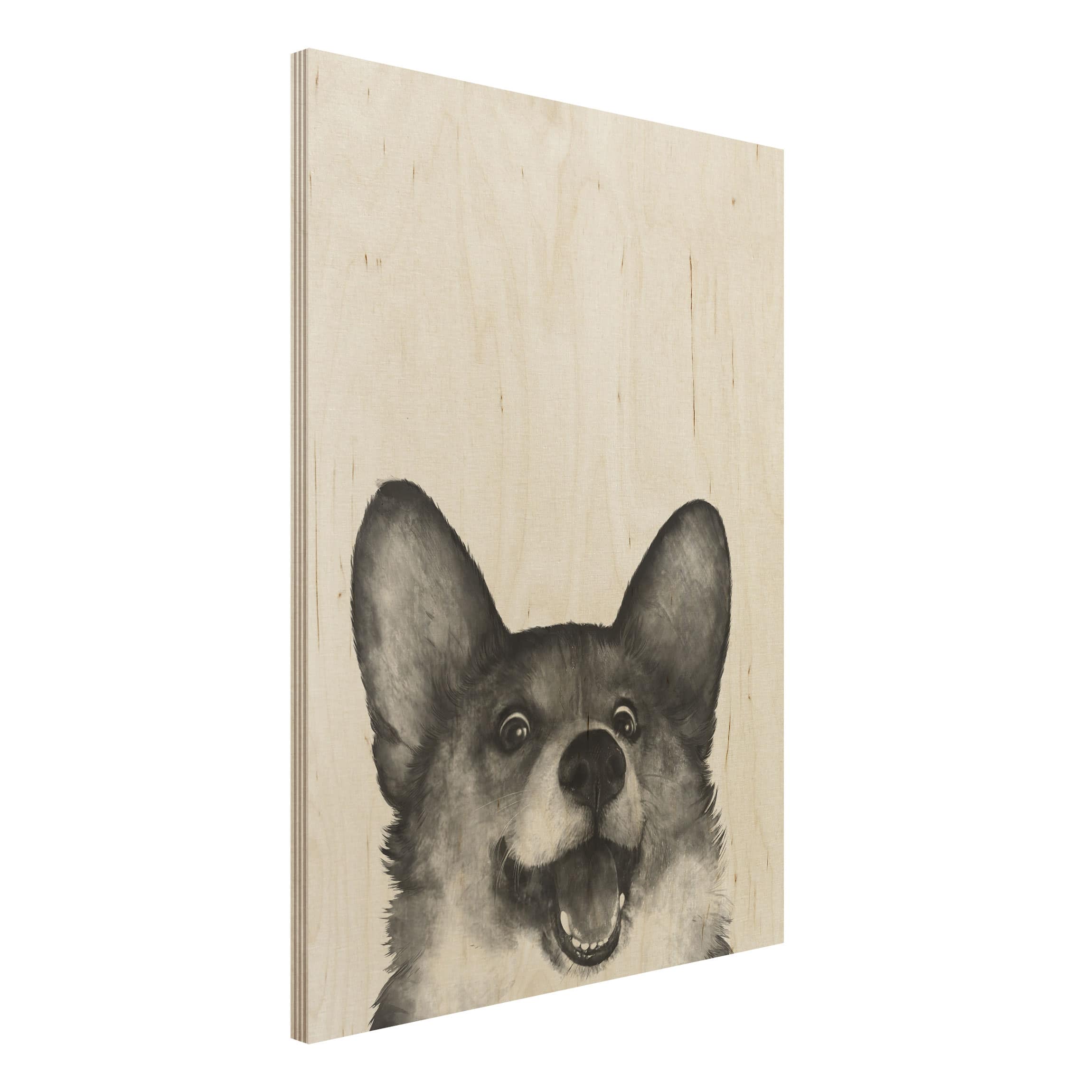 Holzbild - Hochformat 3:4 Illustration Hund Corgi Weiß Schwarz Malerei