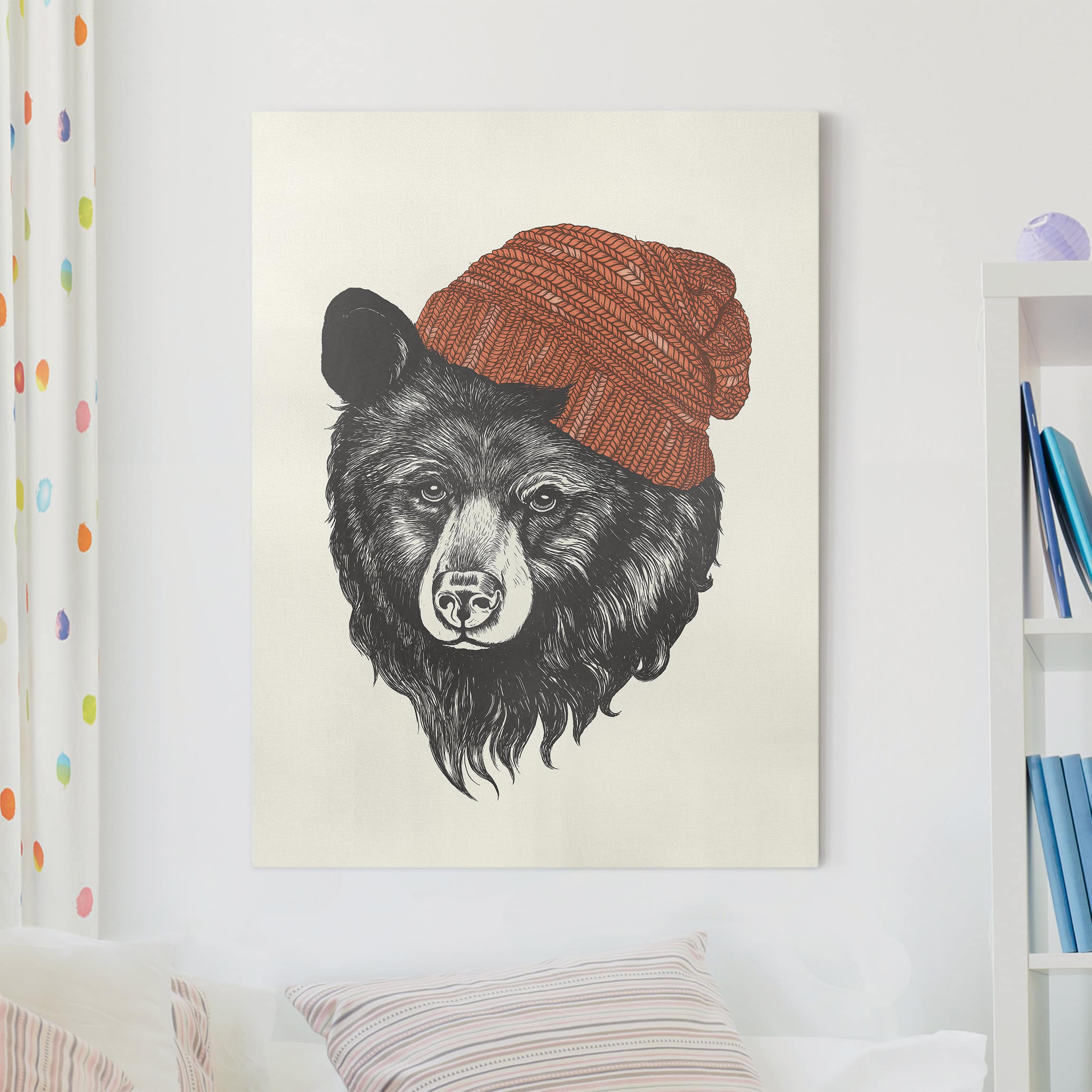 Leinwandbild Illustration Bär mit roter Mütze Zeichnung