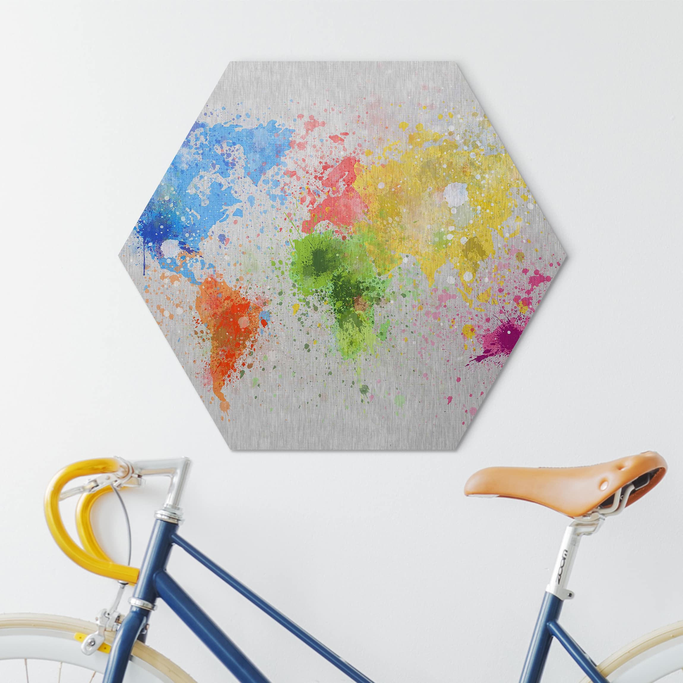 Hexagon-Alu-Dibond Bild Bunte Farbspritzer Weltkarte
