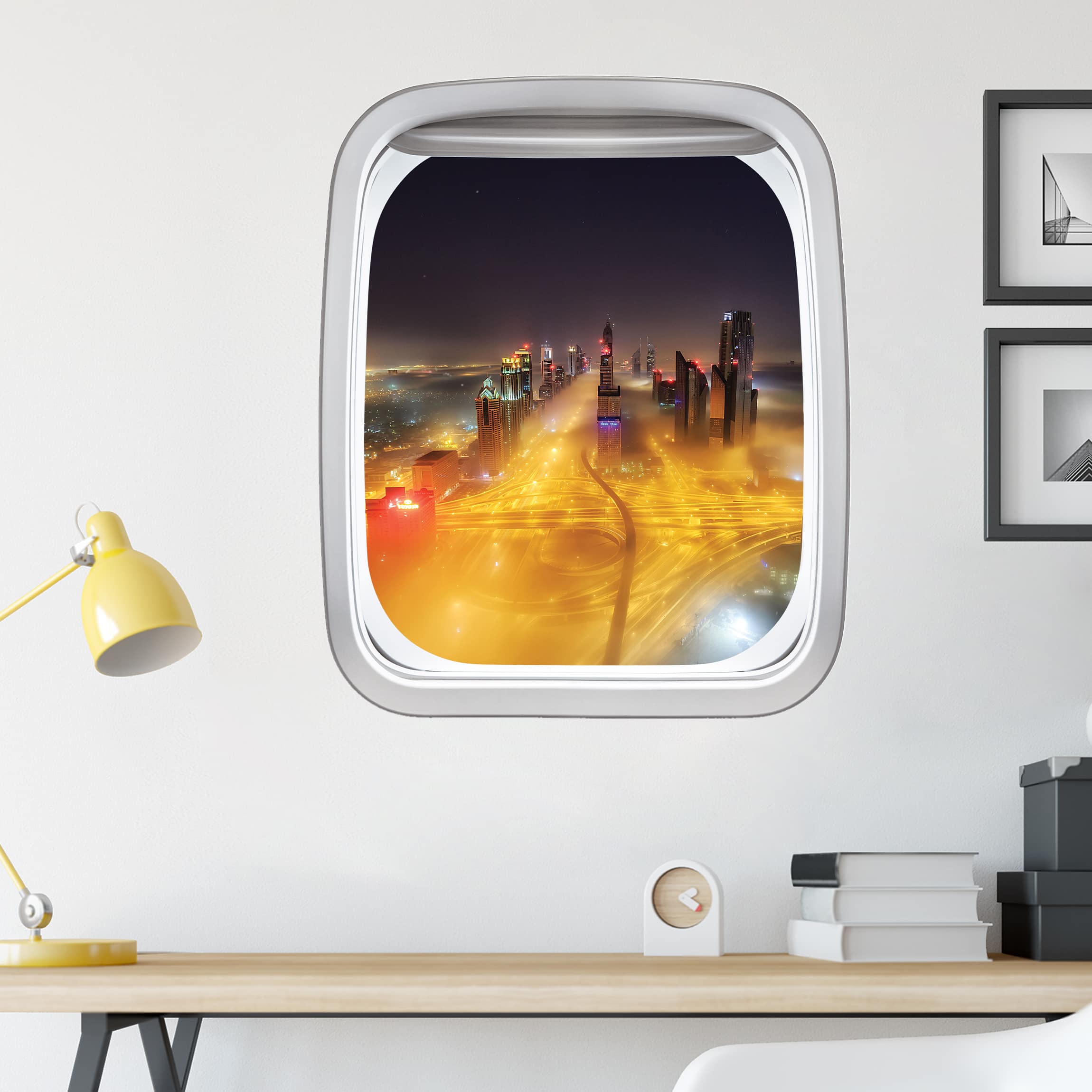Wandtattoo Fenster Flugzeug Dubai bei Nacht im Nebel
