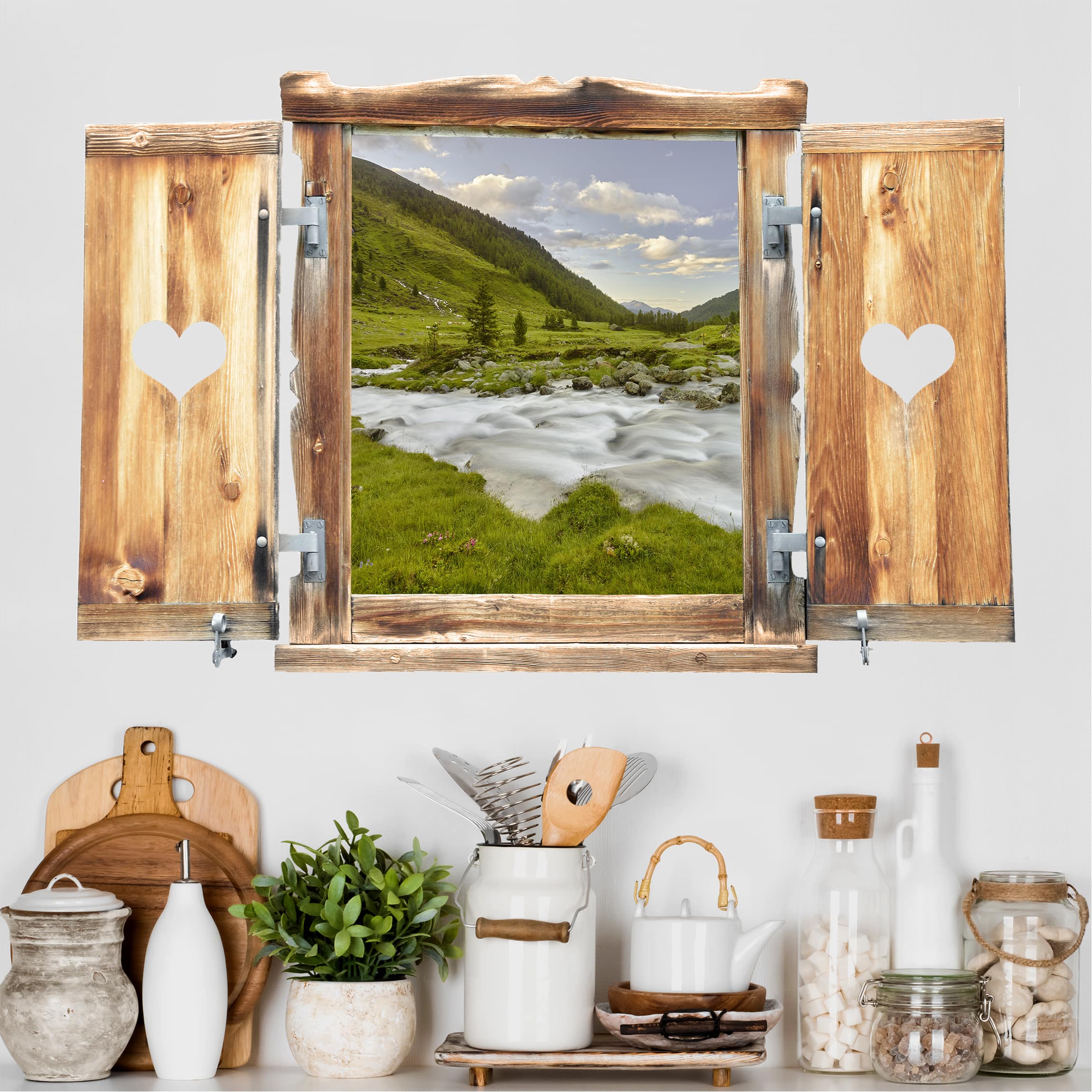 Wandtattoo Fenster mit Herz Alpenwiese Tirol