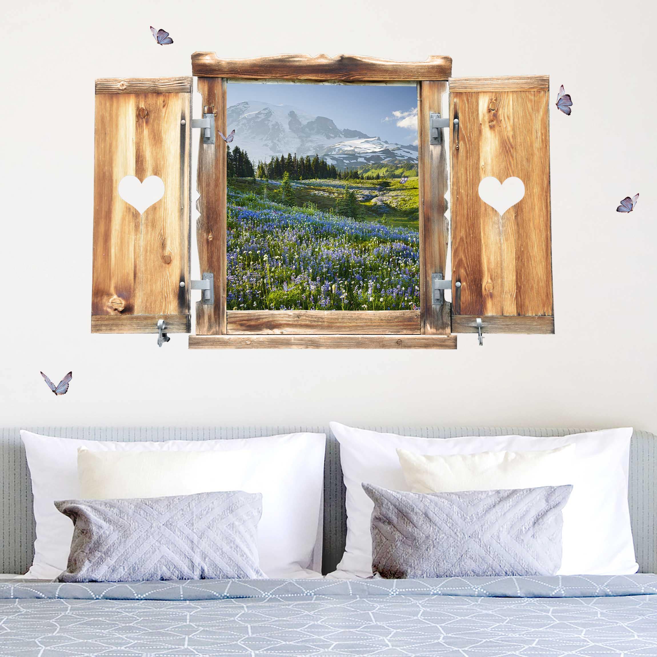 3D Wandtattoo Fenster mit Herz Bergwiese mit Blumen