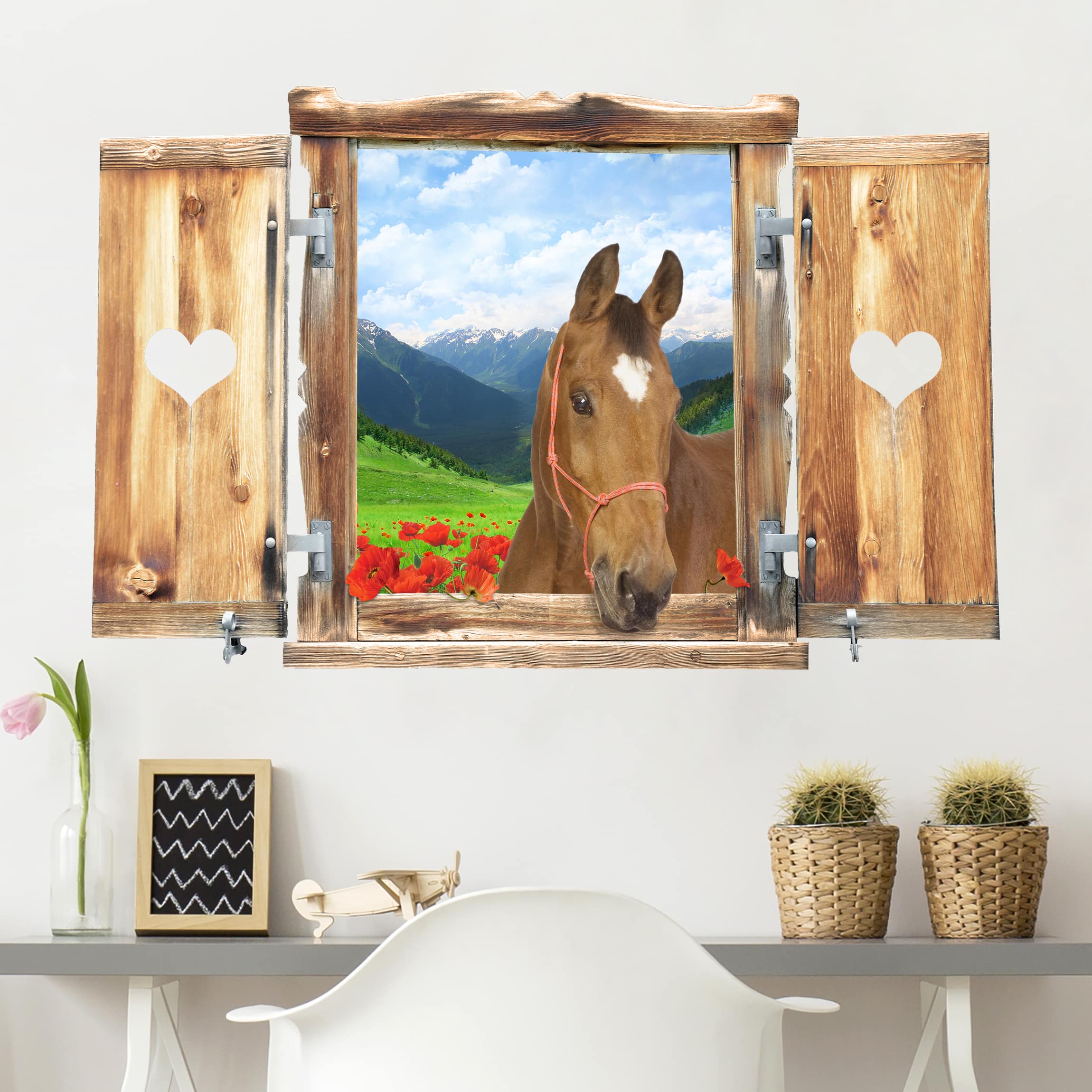 Wandtattoo Fenster mit Herz und Pferd Alpenwiese