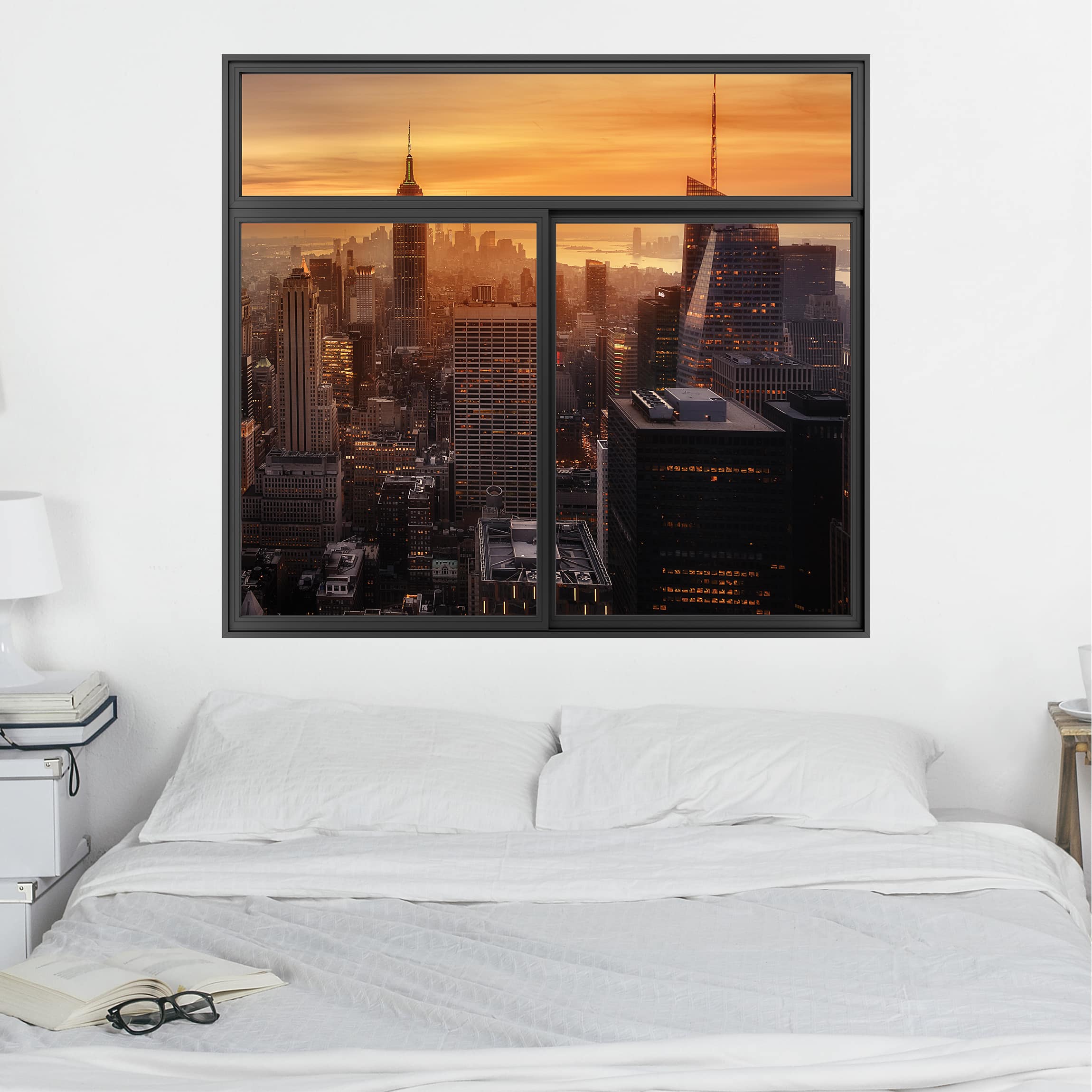 Wandtattoo Fenster Schwarz Manhattan Skyline Abendstimmung