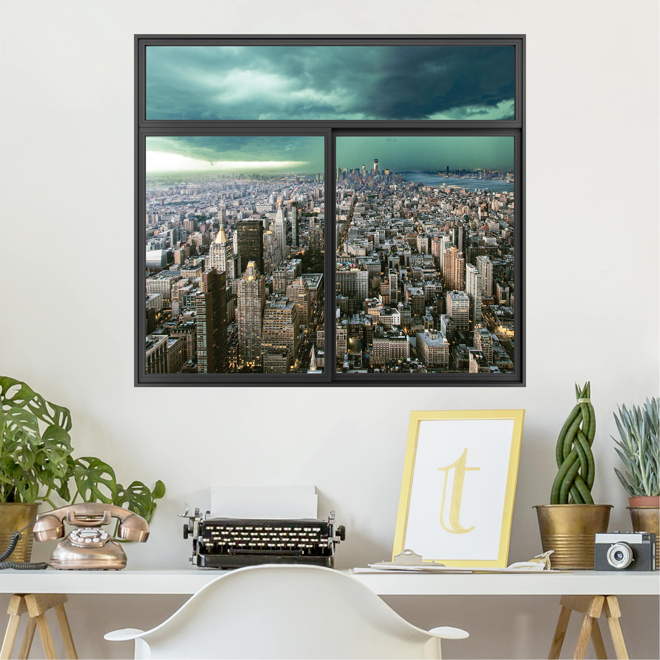 Wandtattoo Fenster Schwarz Skyline New York im Gewitter