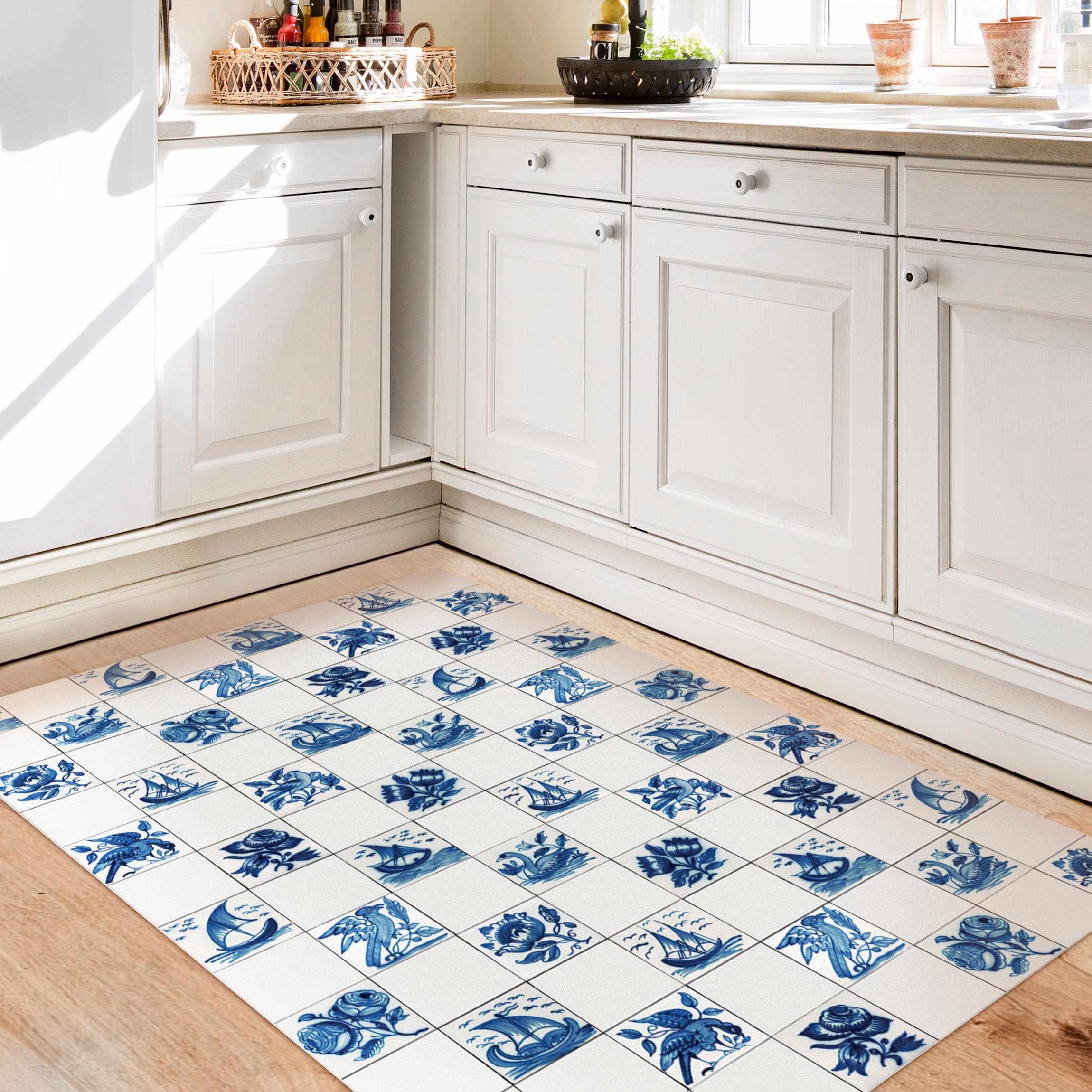 Vinylteppich Handgemalte Fliesen mit Blumen, Schiffen und Vögeln