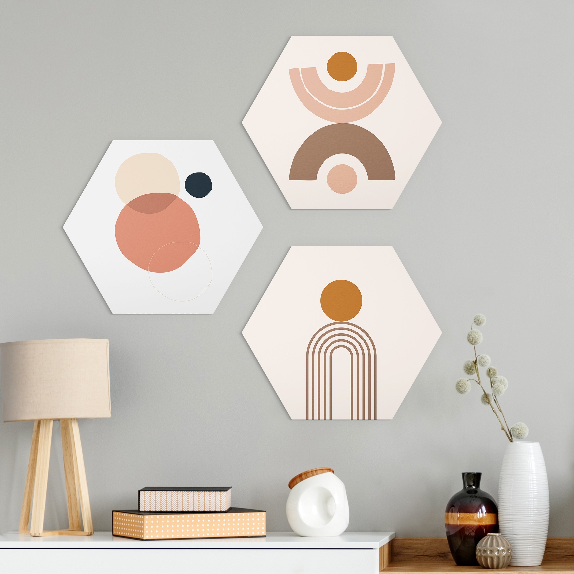 3-teiliges Hexagon-Alu-Dibond Bild Line Art Abstrakte Formen Set II