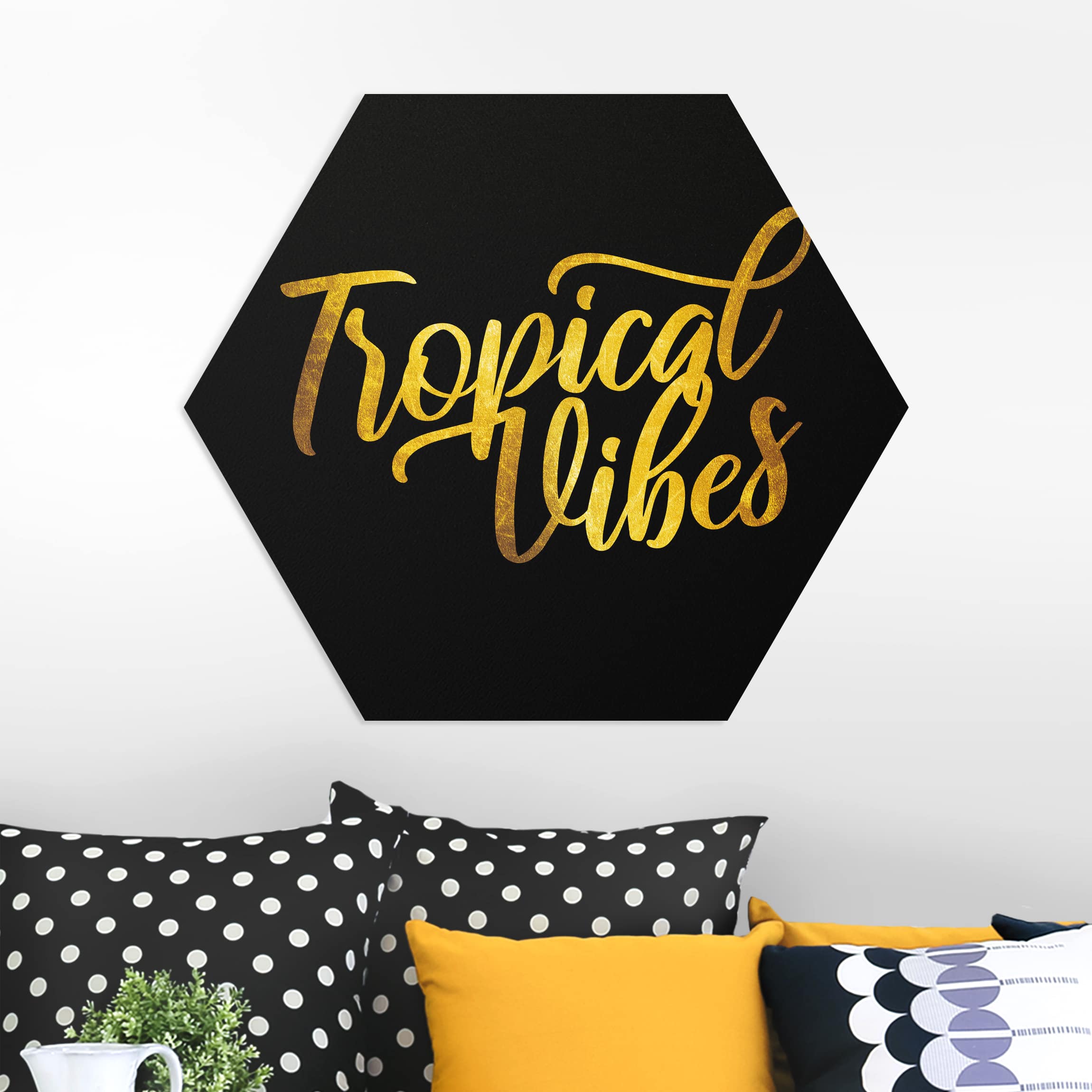 Hexagon-Forexbild Gold - Tropical Vibes auf Schwarz