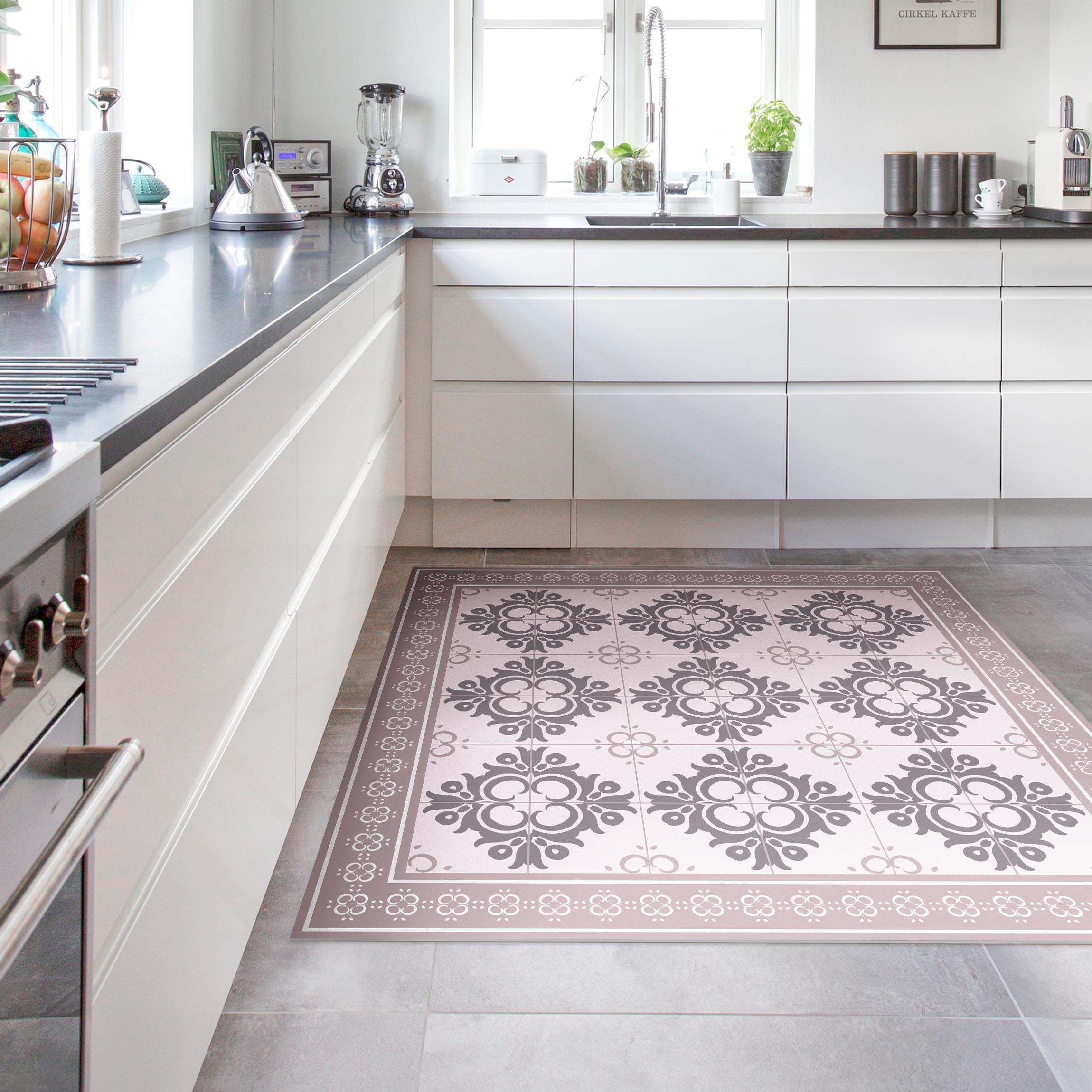 Vinylteppich Florale Fliesen Warmgraue Knospen mit Bordüre