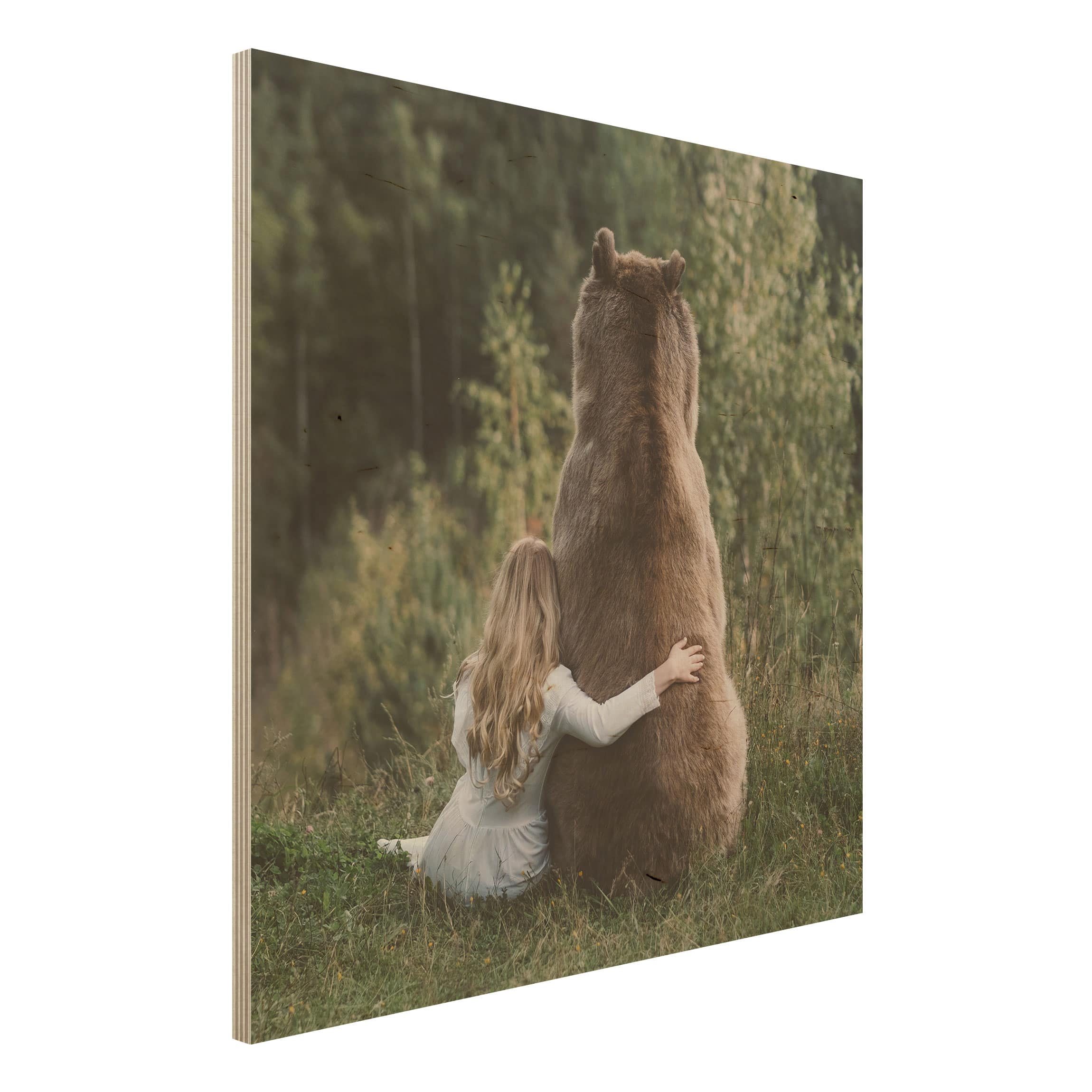 Holzbild - Quadrat Mädchen mit Braunbär