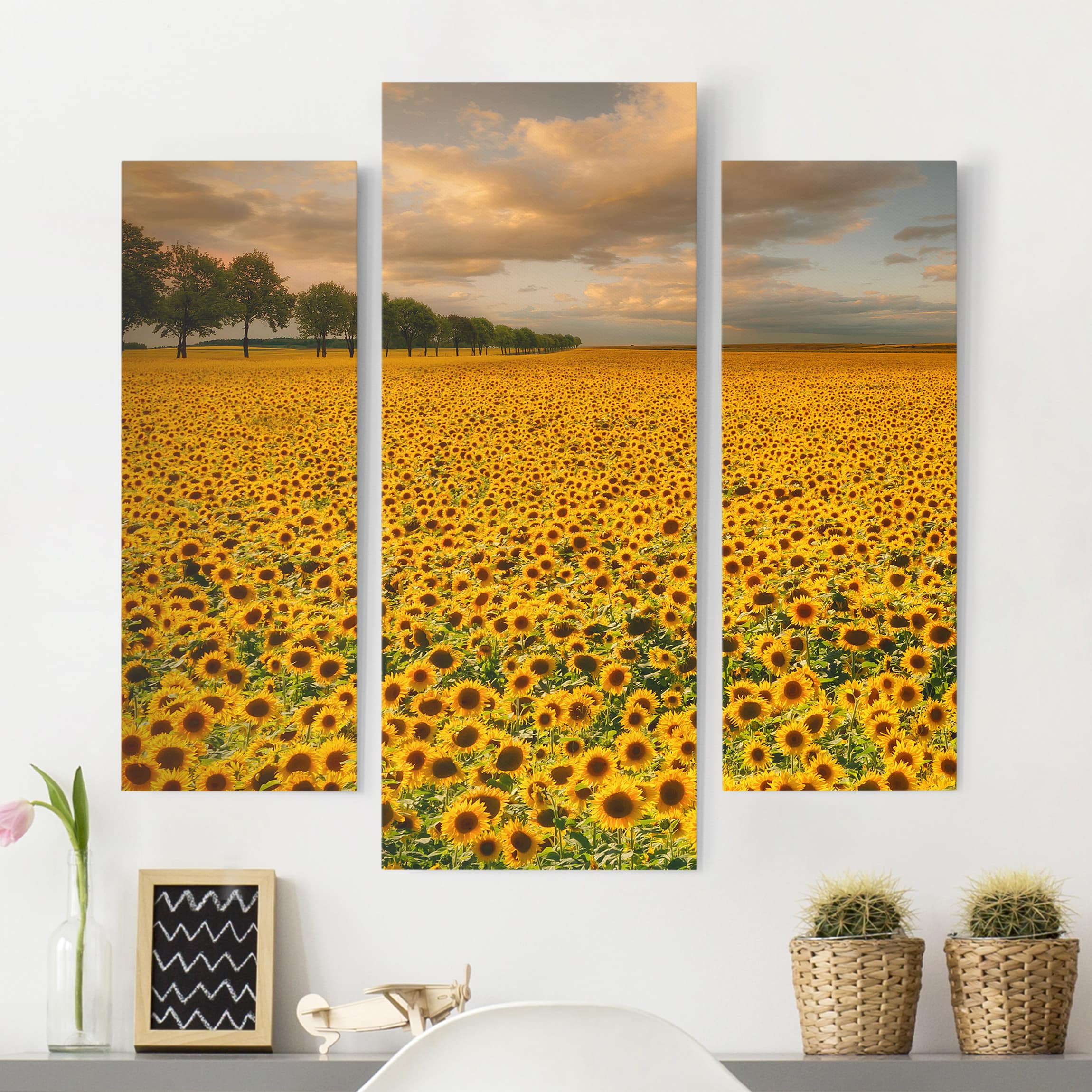 3-teiliges Leinwandbild Blumen Feld mit Sonnenblumen
