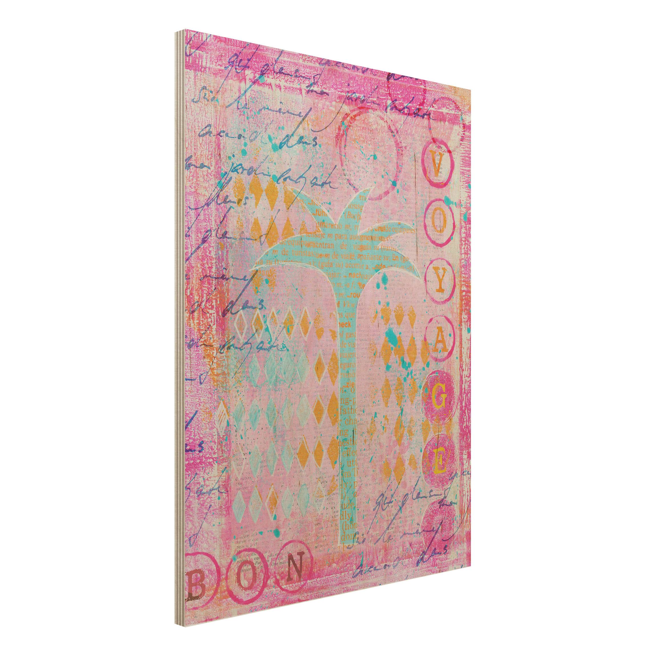 Holzbild - Hochformat 3:4 Bunte Collage - Bon Voyage mit Palme