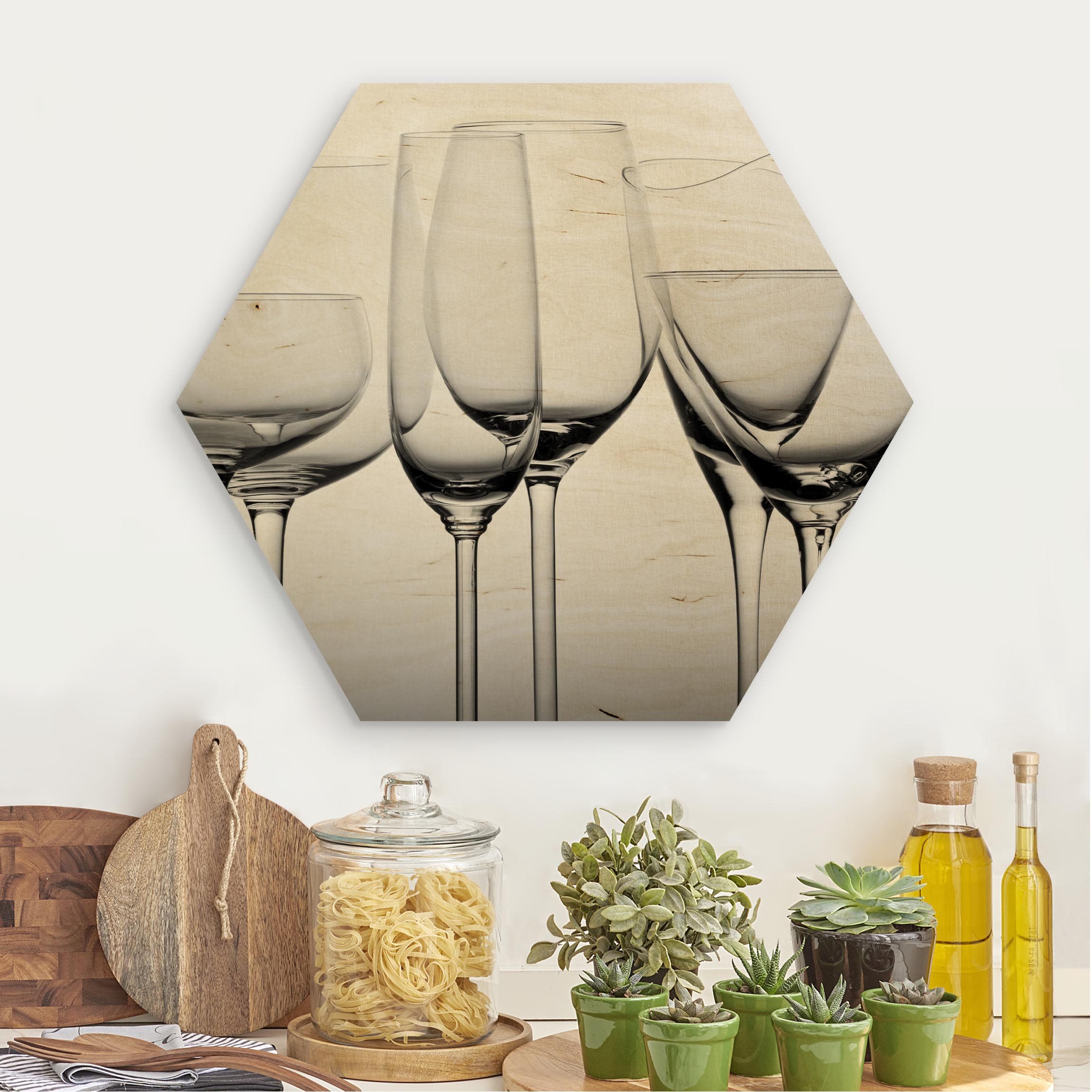 Hexagon-Holzbild Edle Gläser Schwarz-Weiß